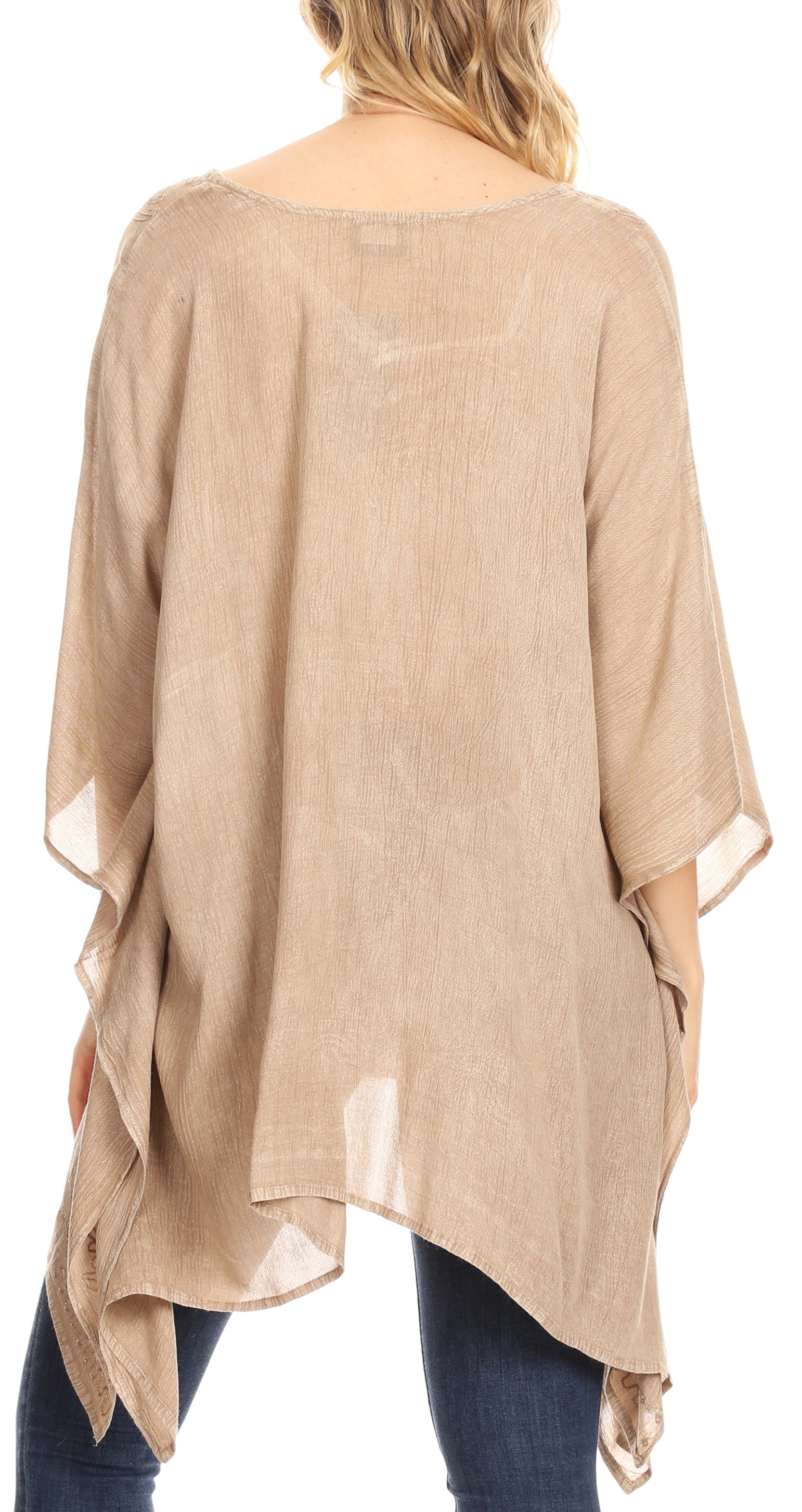 Beige sheer blouse with long sleeves and a draped design on a white background
