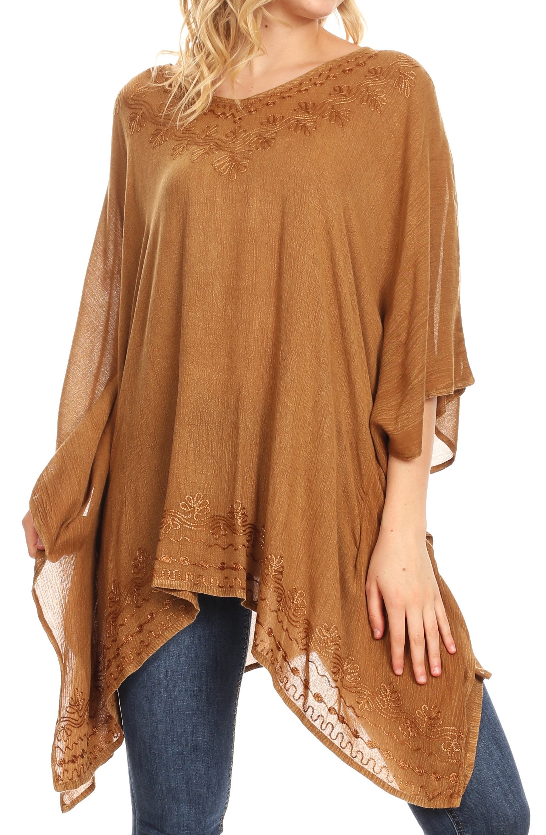 Brown lace top worn by a model on a white background