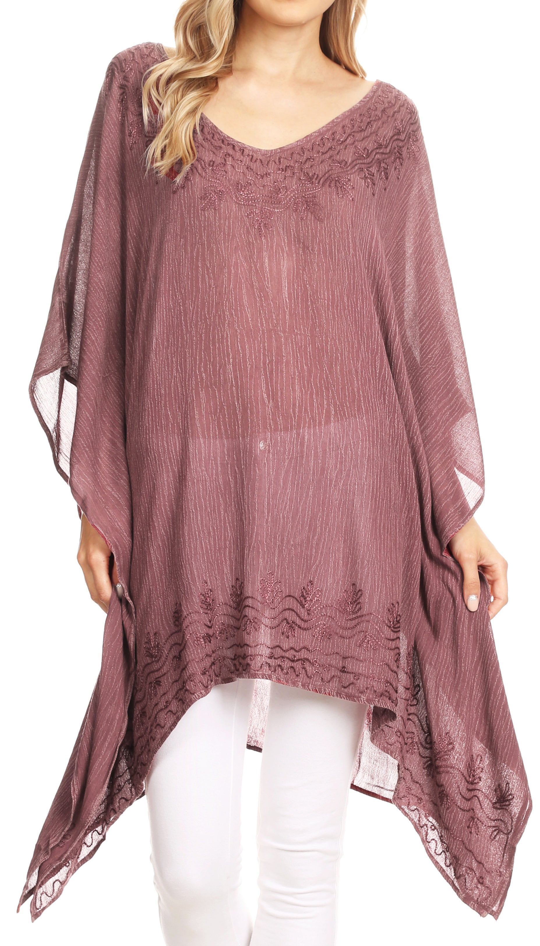 Mauve textured top worn by a model on a white background