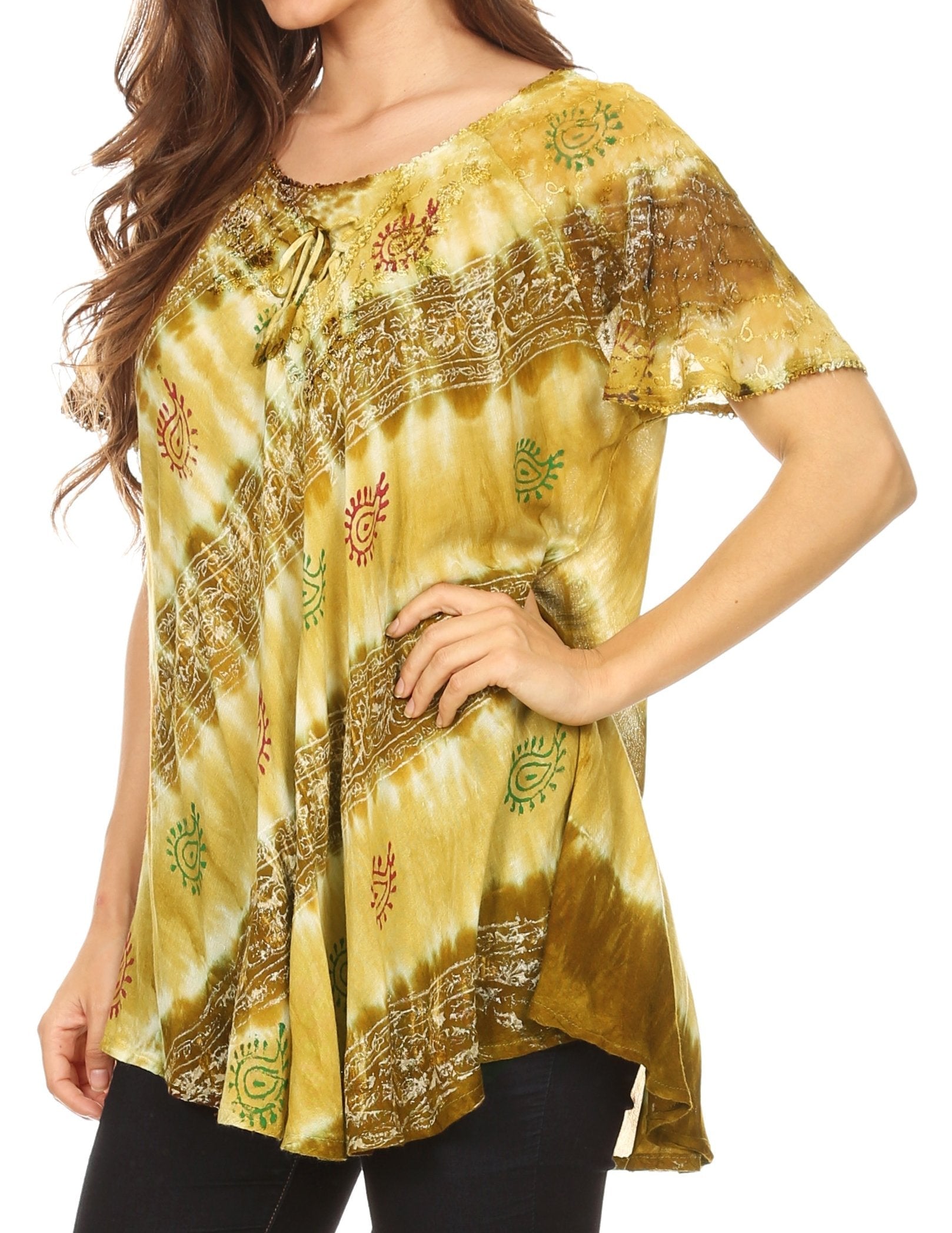 Sakkas - Flavia Blouse Top with Tie-dye & Block Print Light and Soft