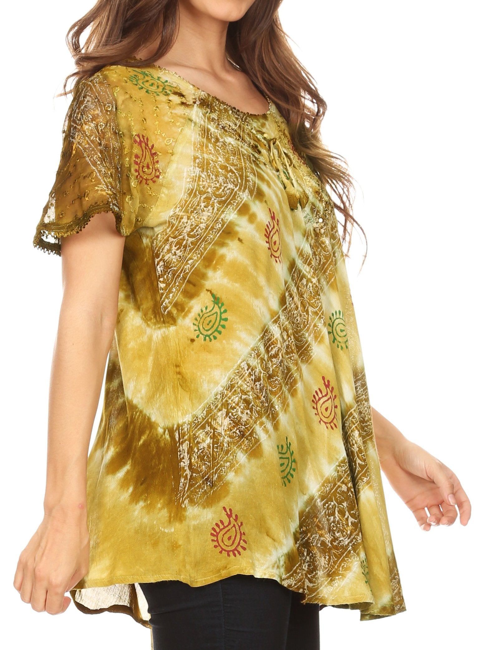 Sakkas - Flavia Blouse Top with Tie-dye & Block Print Light and Soft