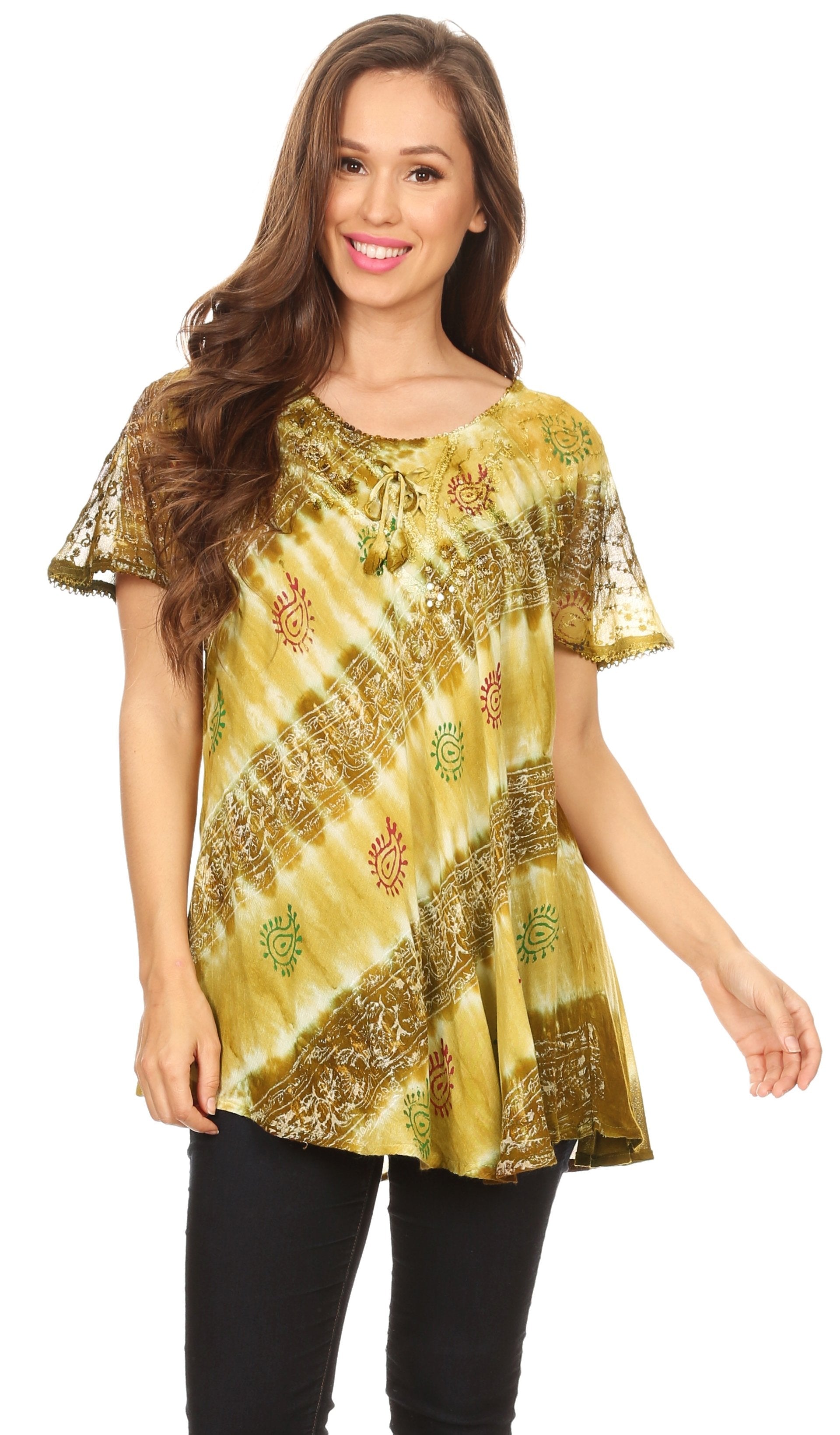 Sakkas - Flavia Blouse Top with Tie-dye & Block Print Light and Soft