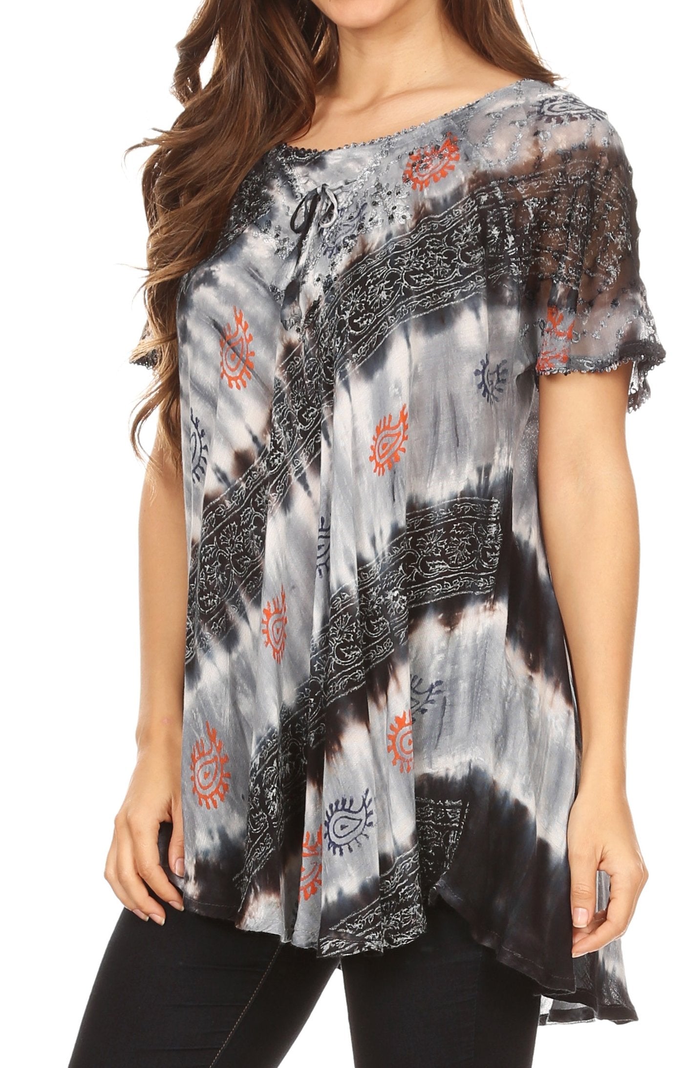 Sakkas - Flavia Blouse Top with Tie-dye & Block Print Light and Soft