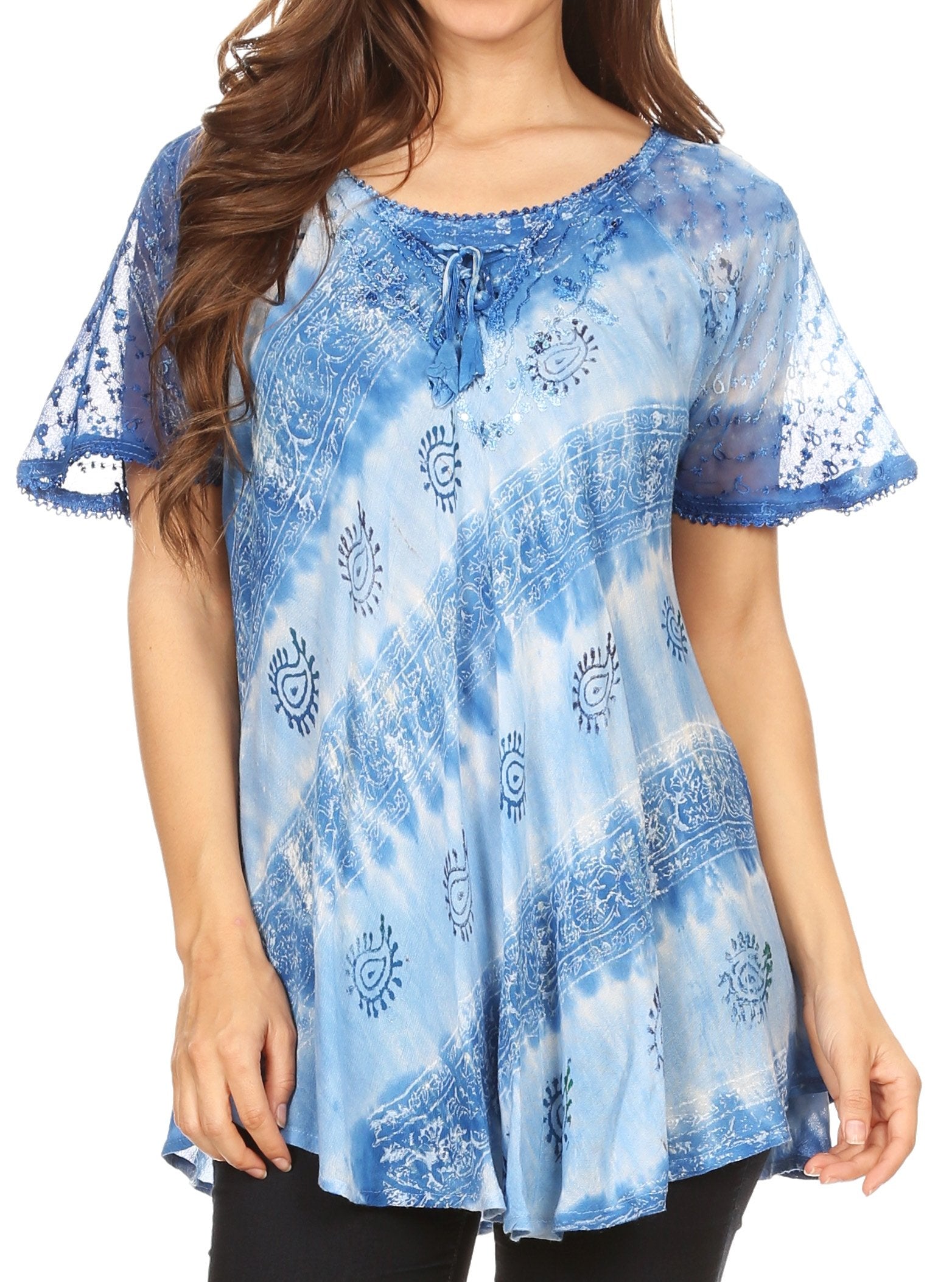 Sakkas - Flavia Blouse Top with Tie-dye & Block Print Light and Soft