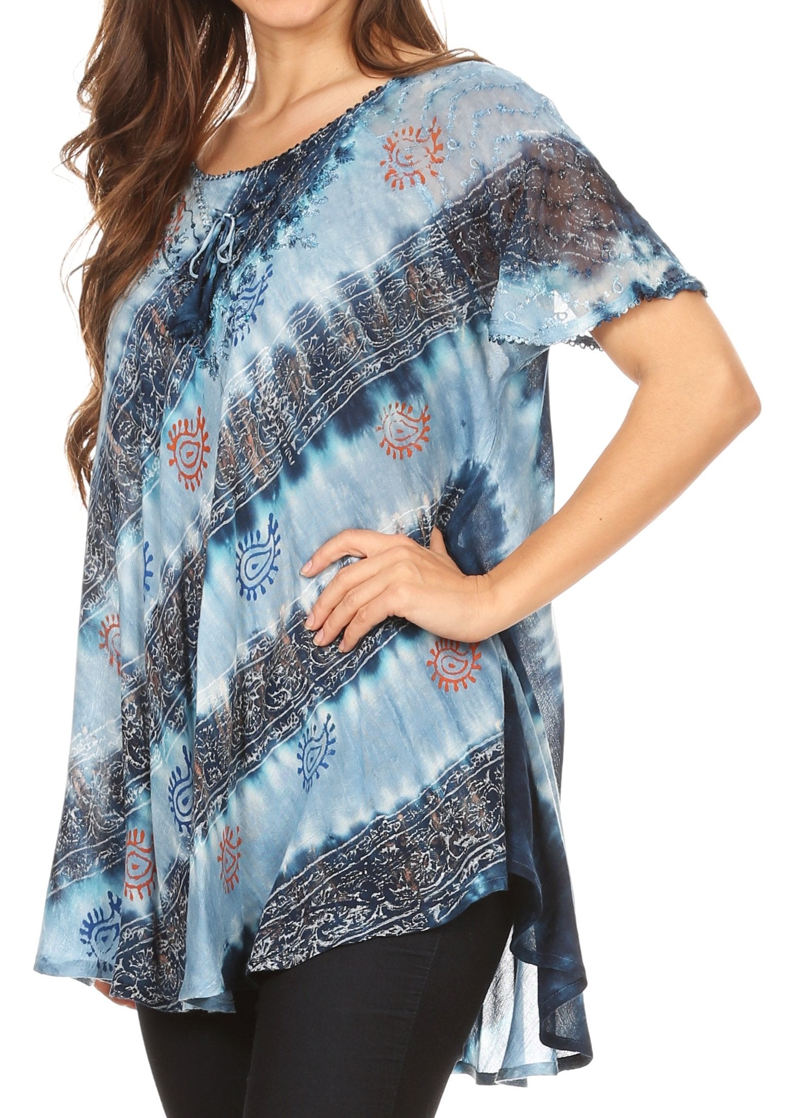 Sakkas - Flavia Blouse Top with Tie-dye & Block Print Light and Soft