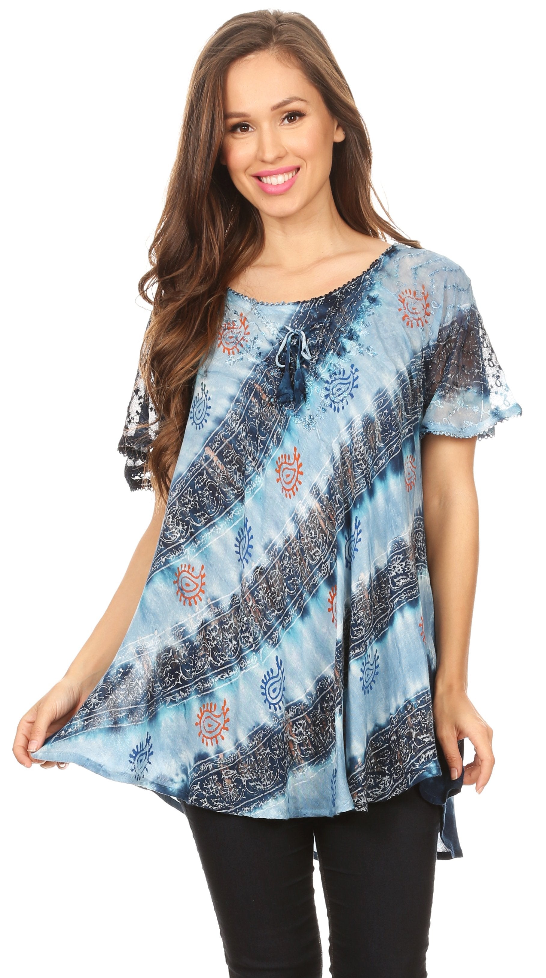 Sakkas - Flavia Blouse Top with Tie-dye & Block Print Light and Soft