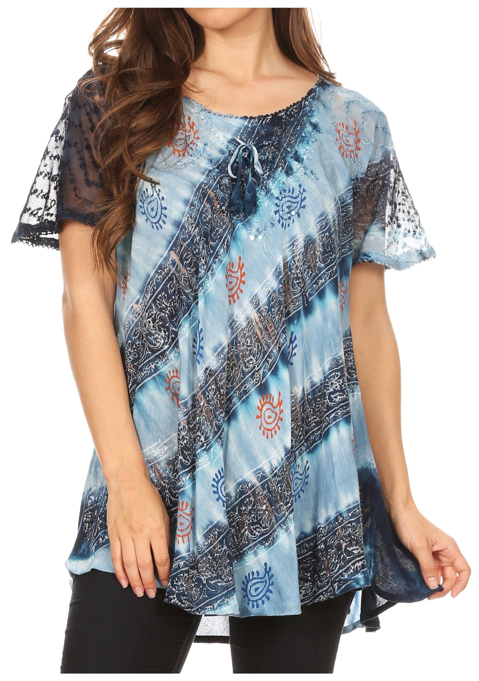Sakkas - Flavia Blouse Top with Tie-dye & Block Print Light and Soft