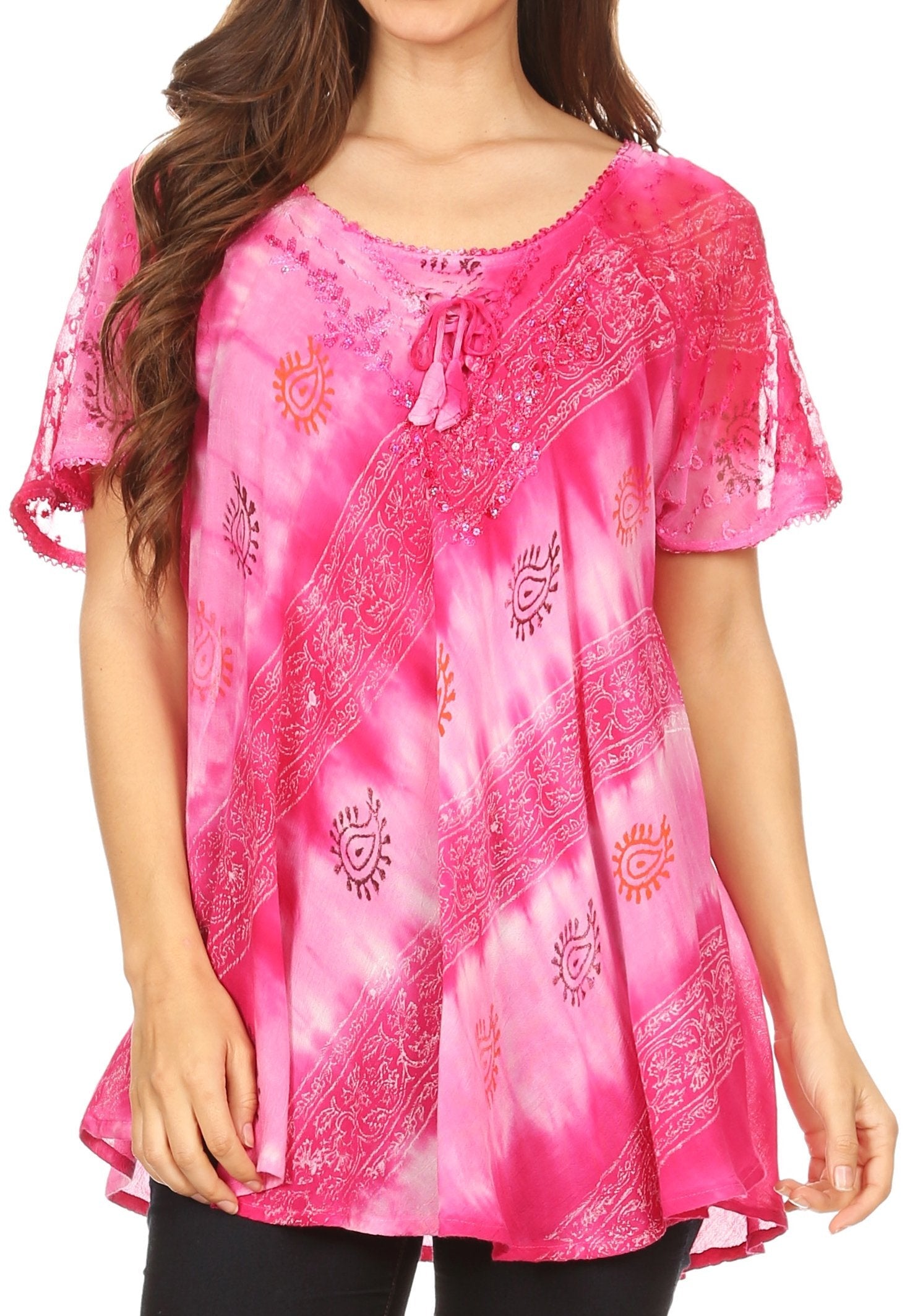 Sakkas - Flavia Blouse Top with Tie-dye & Block Print Light and Soft