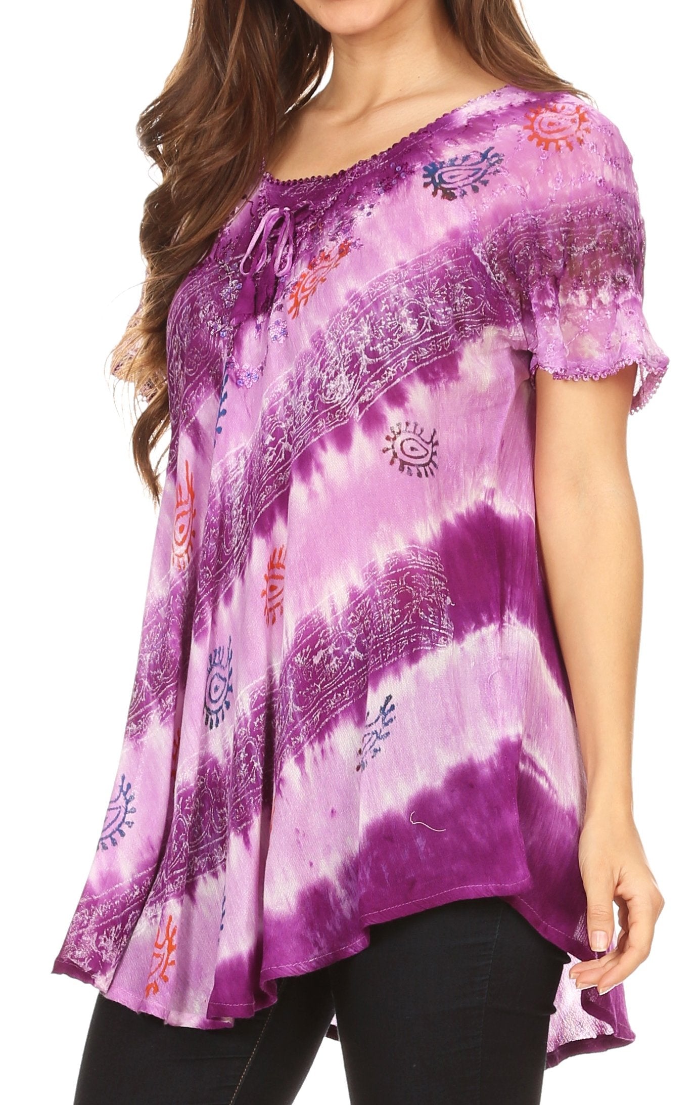 Sakkas - Flavia Blouse Top with Tie-dye & Block Print Light and Soft