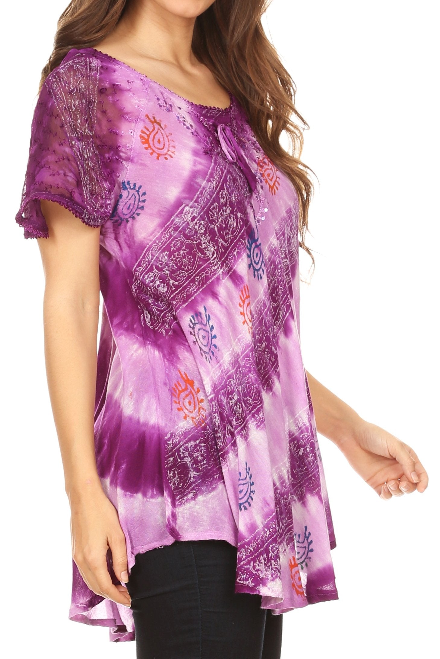 Sakkas - Flavia Blouse Top with Tie-dye & Block Print Light and Soft