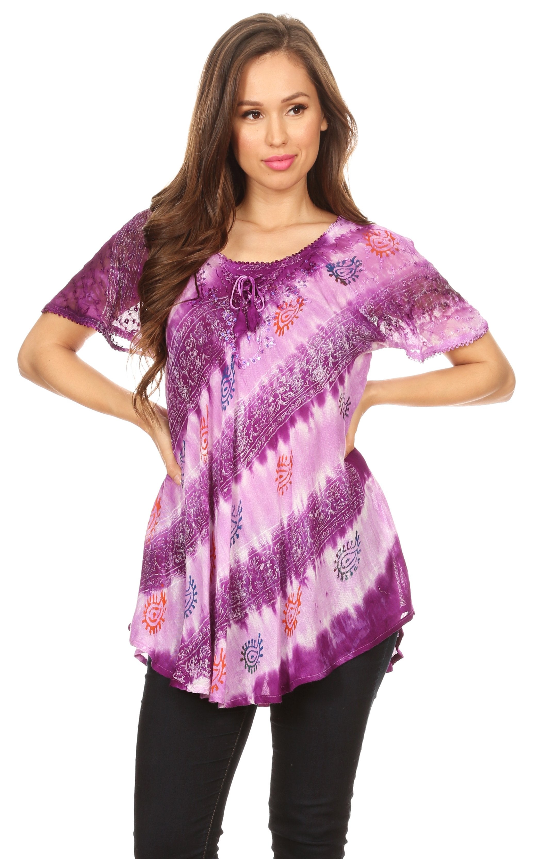 Sakkas - Flavia Blouse Top with Tie-dye & Block Print Light and Soft