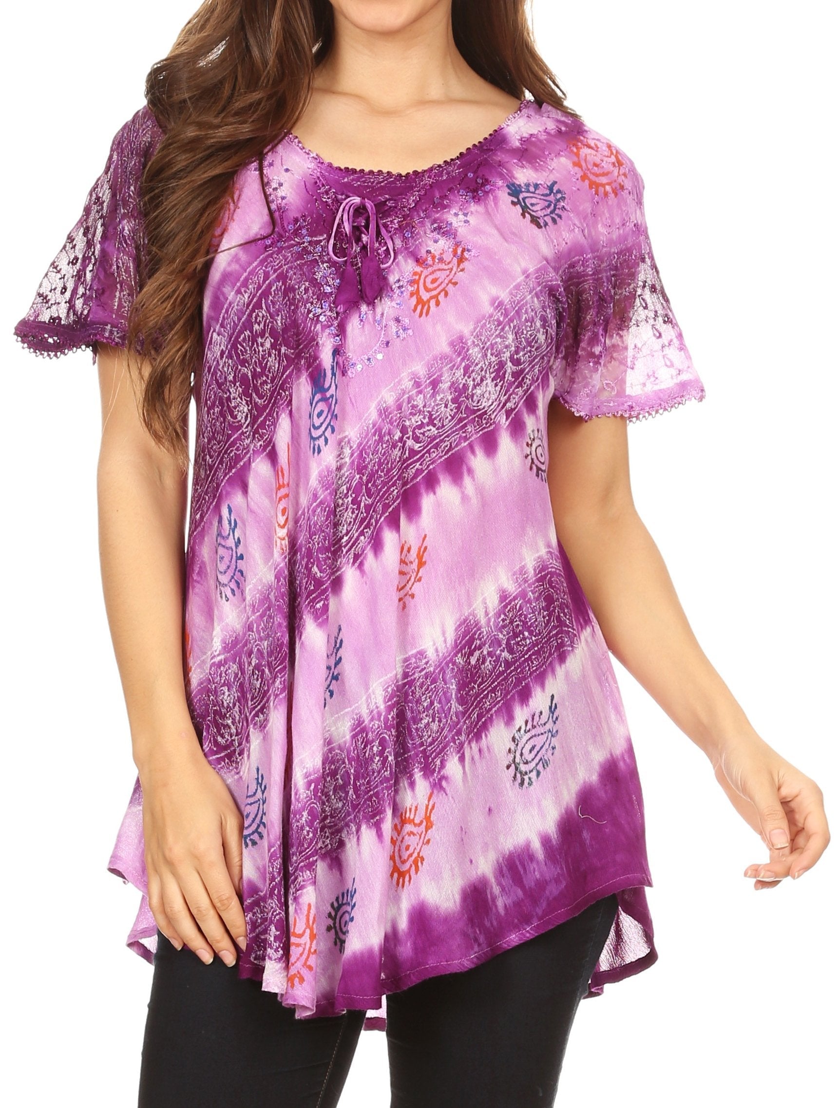 Sakkas - Flavia Blouse Top with Tie-dye & Block Print Light and Soft
