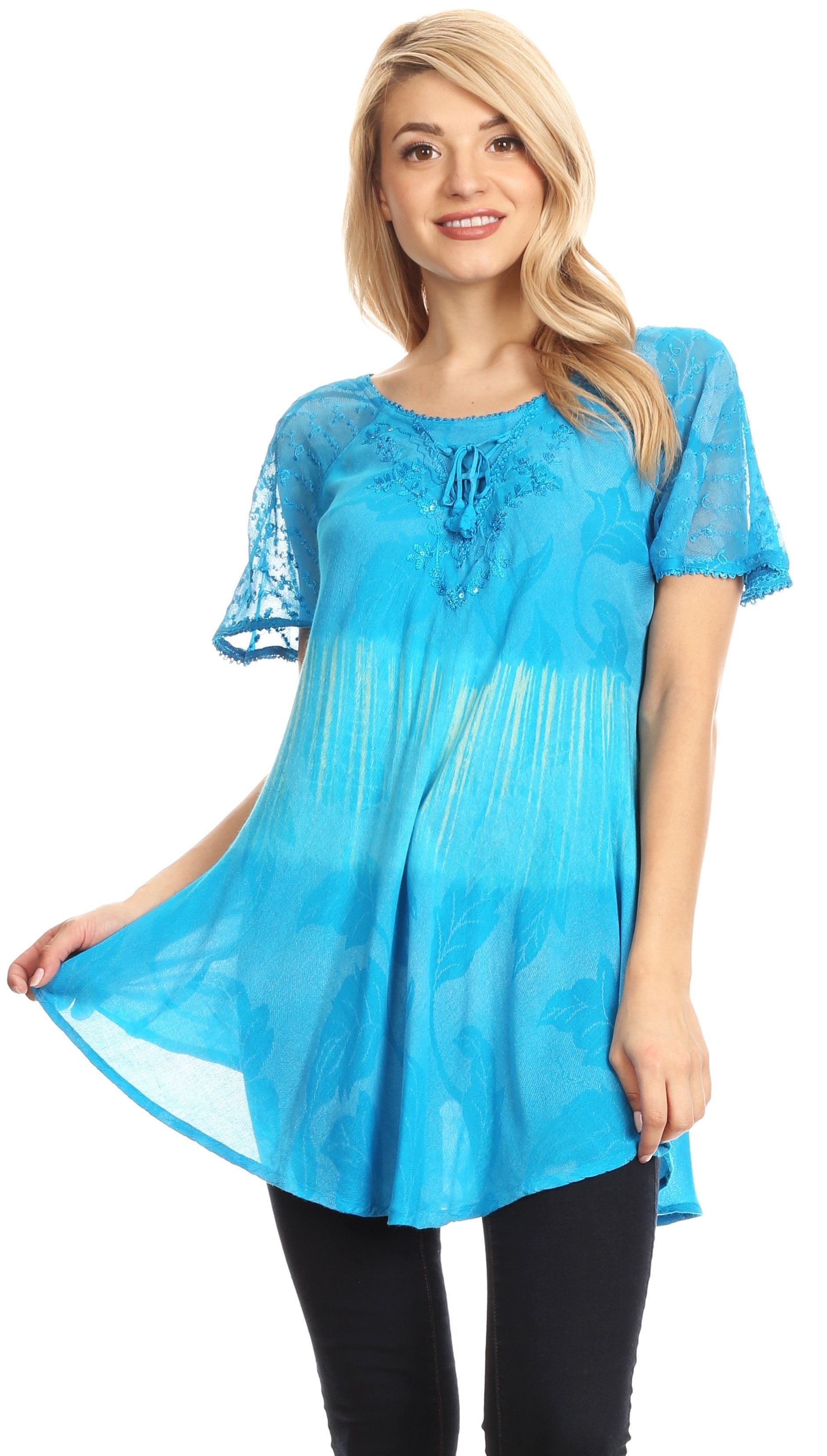 Sakkas - Parisa Short Sleeve Top Blouse with Corset and Embroidery