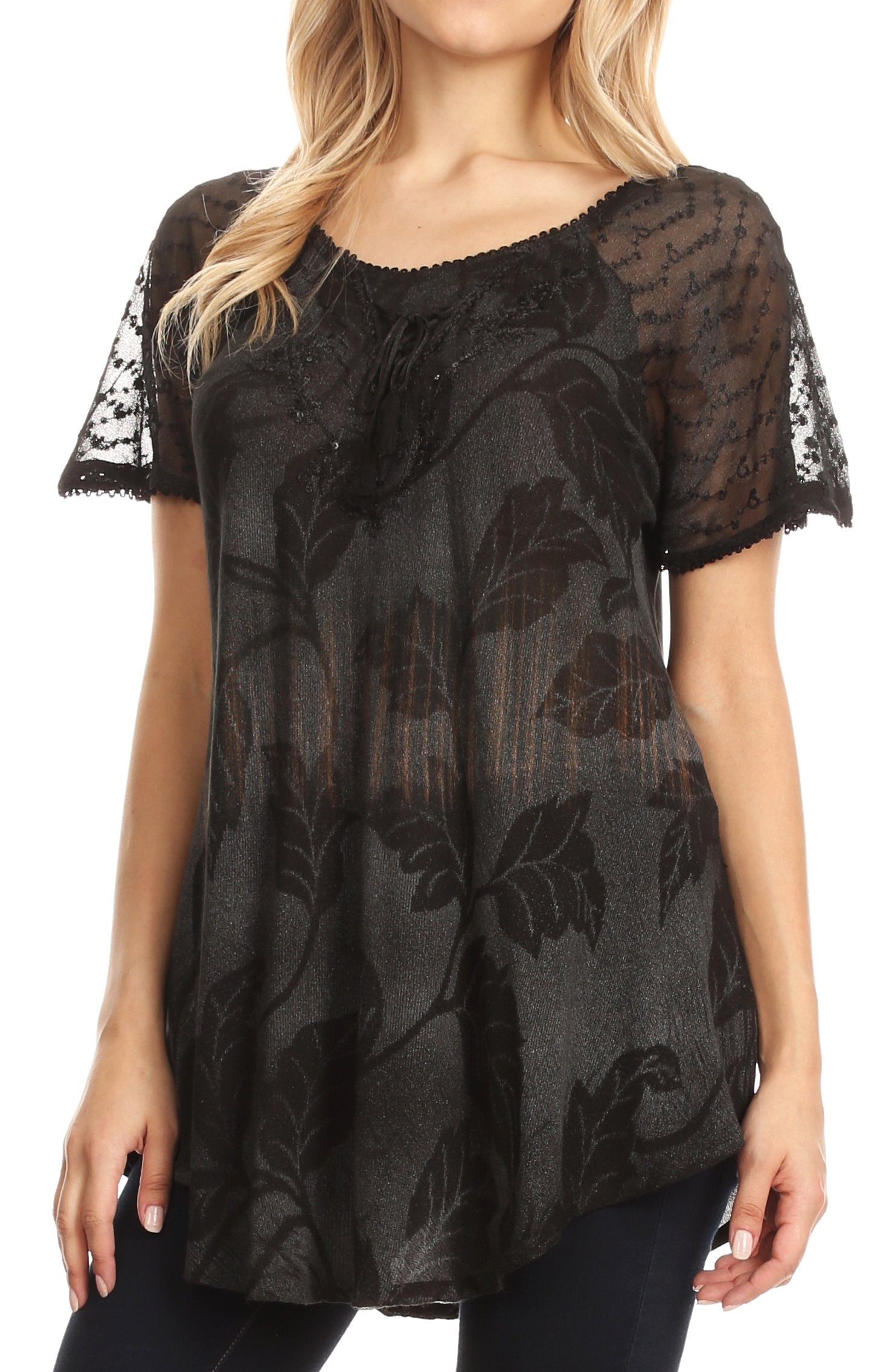 Sakkas - Parisa Short Sleeve Top Blouse with Corset and Embroidery