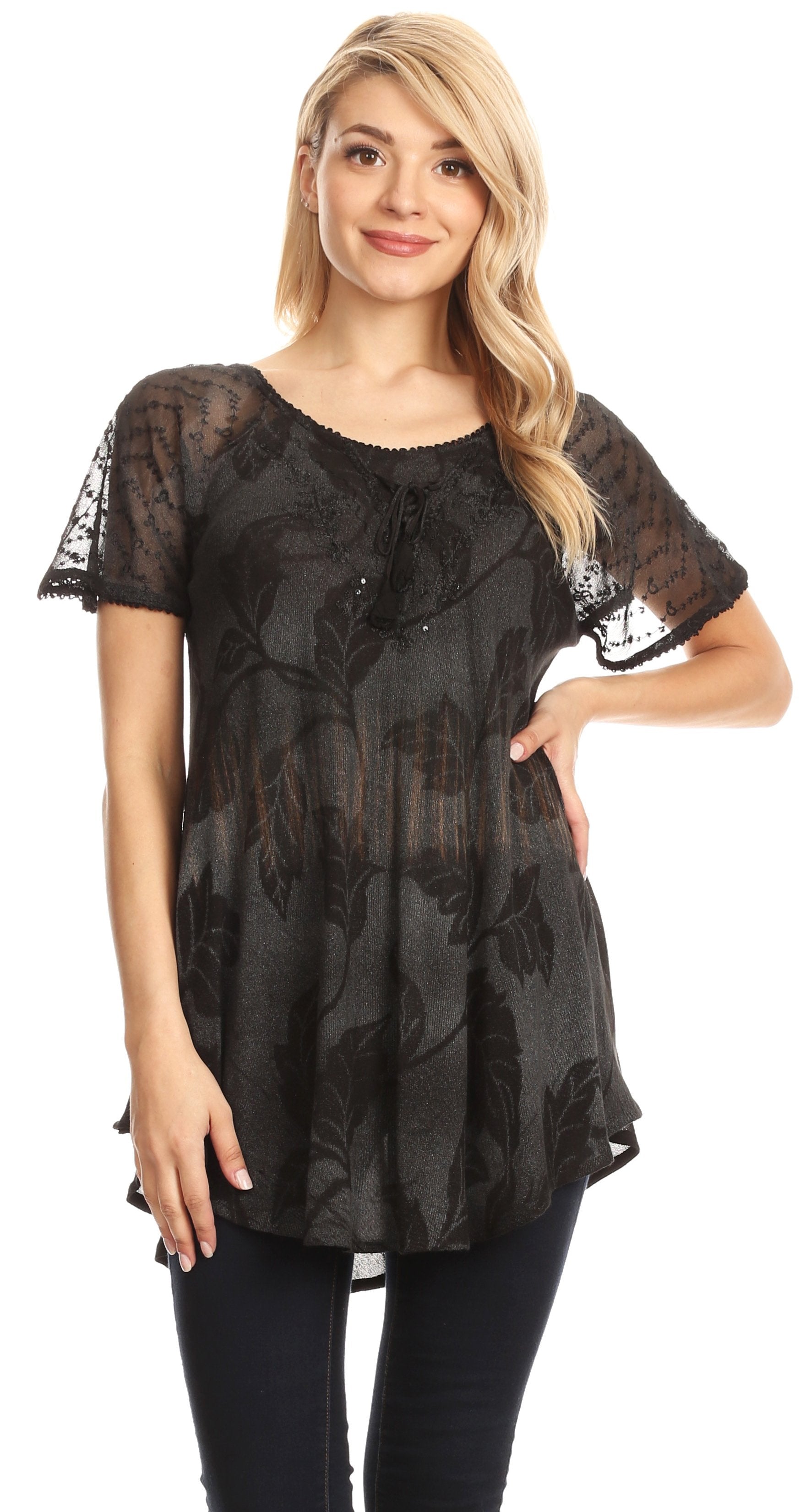 Sakkas - Parisa Short Sleeve Top Blouse with Corset and Embroidery