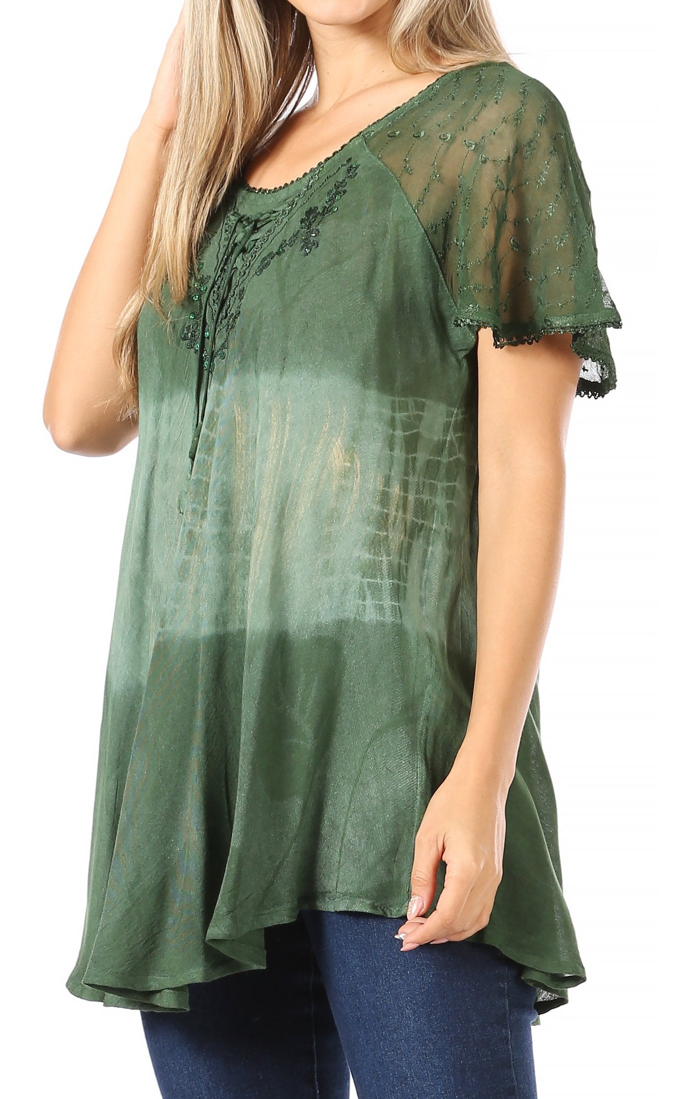 Sakkas - Parisa Short Sleeve Top Blouse with Corset and Embroidery