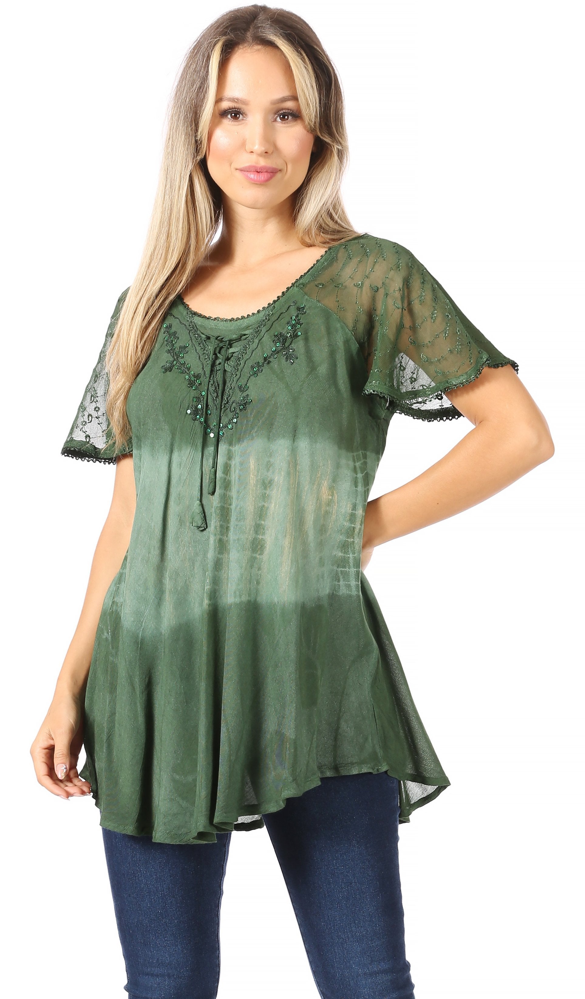 Sakkas - Parisa Short Sleeve Top Blouse with Corset and Embroidery