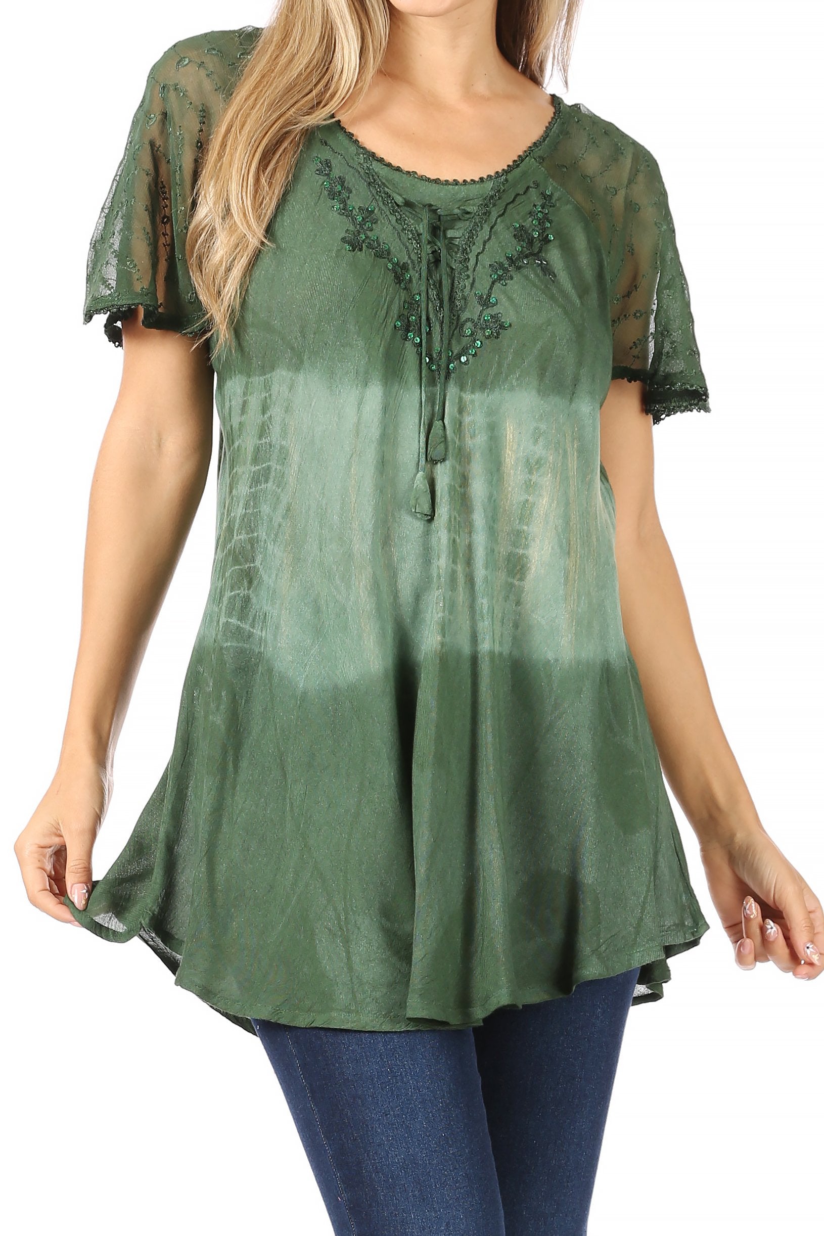 Sakkas - Parisa Short Sleeve Top Blouse with Corset and Embroidery