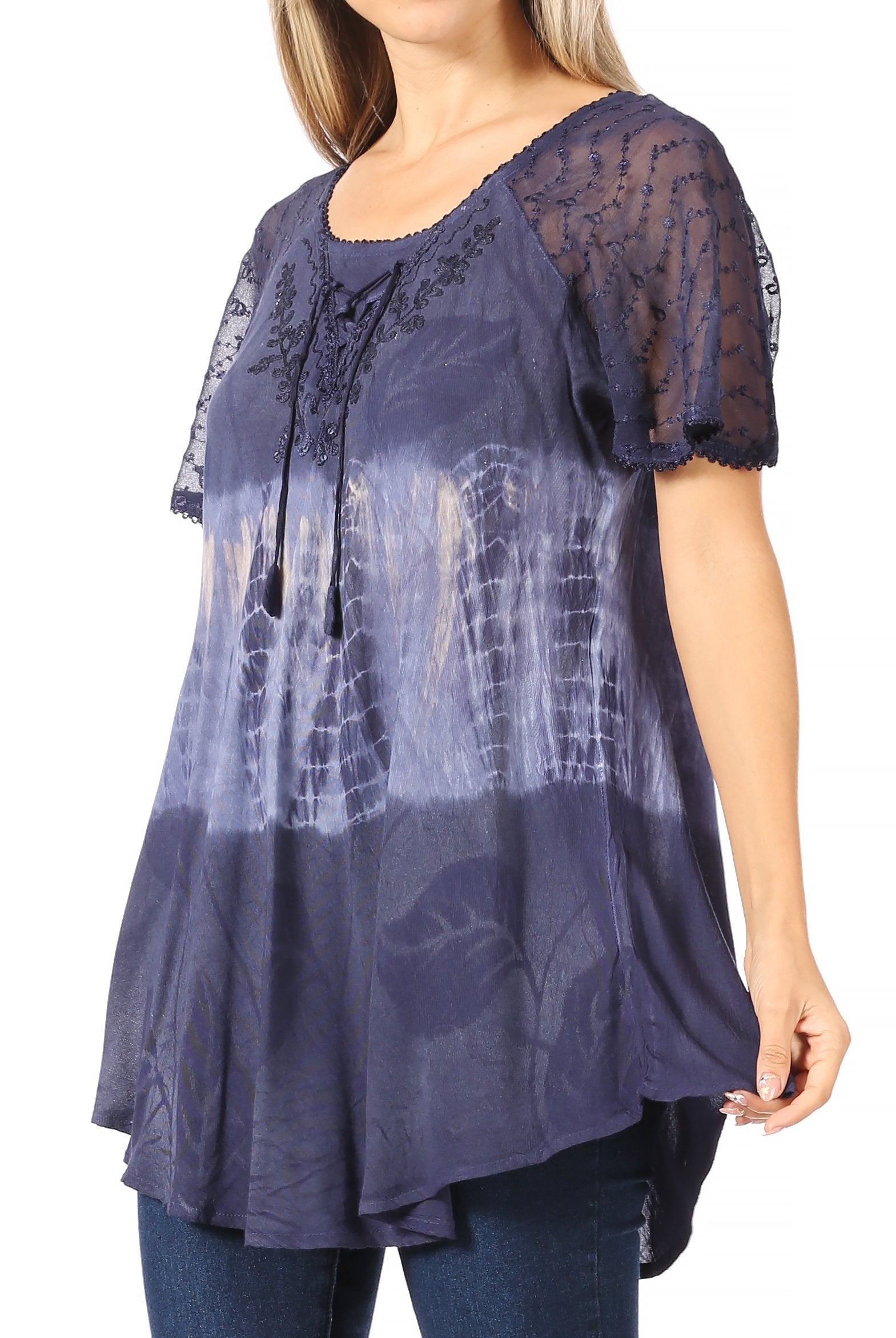 Sakkas - Parisa Short Sleeve Top Blouse with Corset and Embroidery