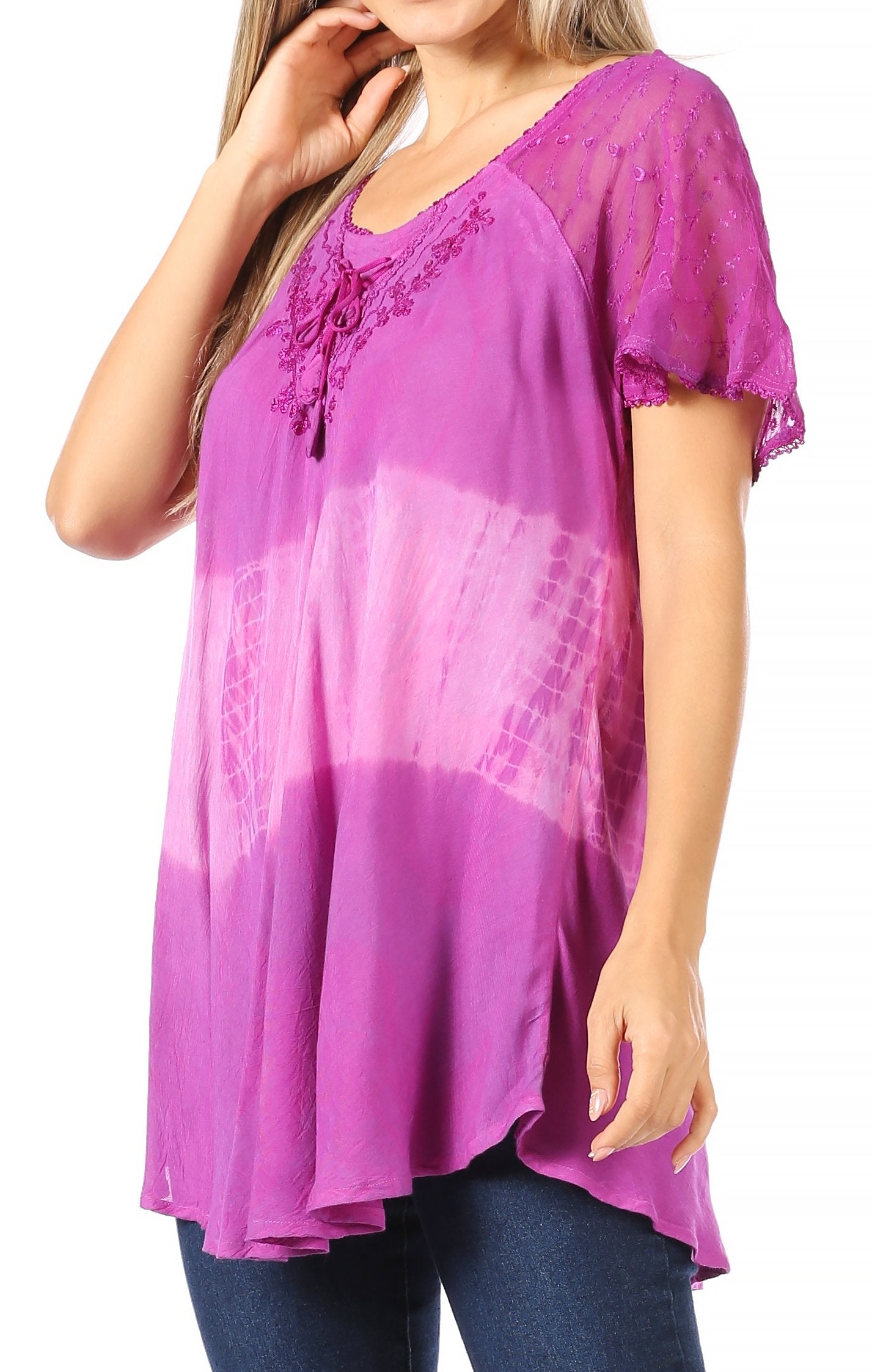 Sakkas - Parisa Short Sleeve Top Blouse with Corset and Embroidery