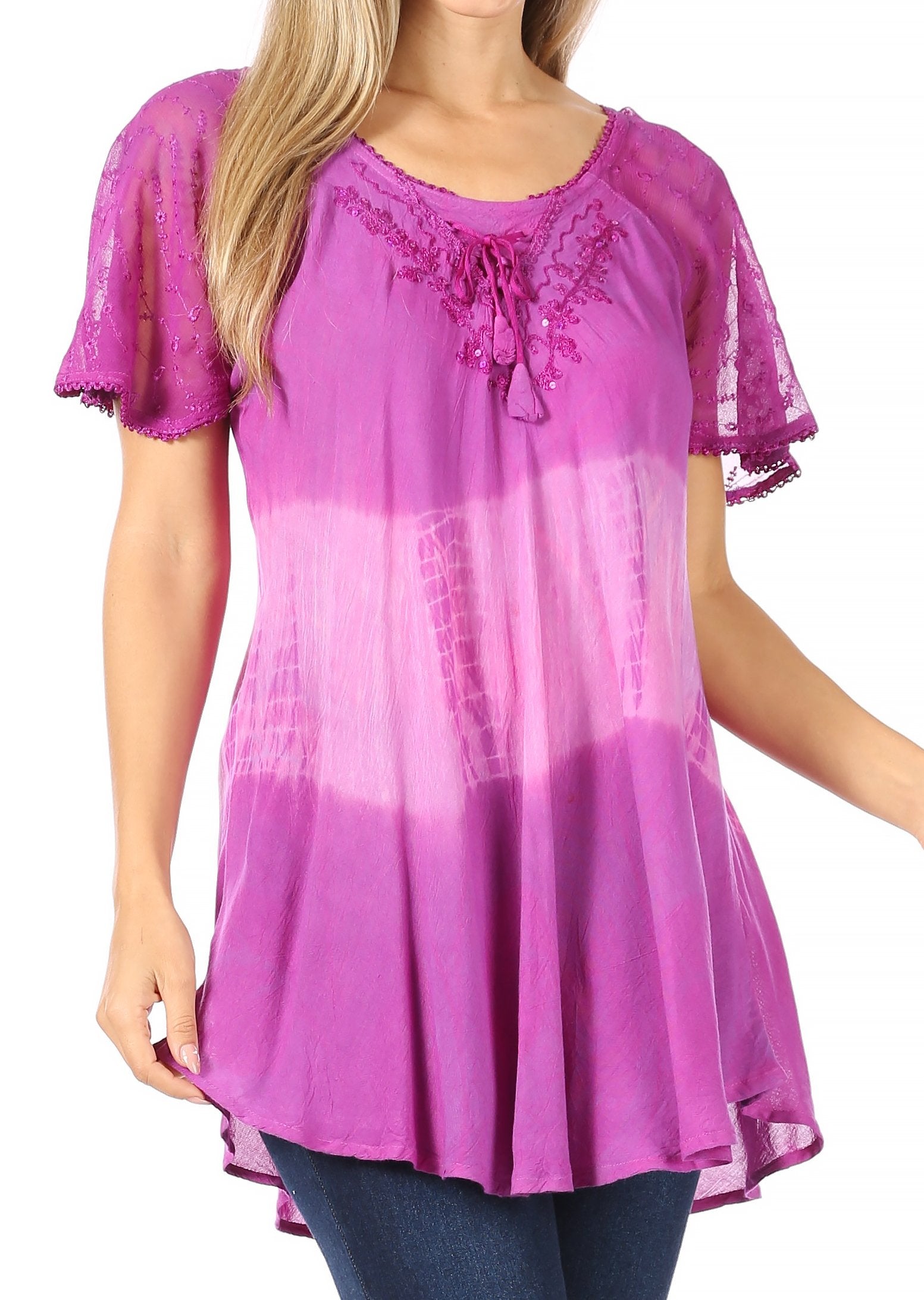 Sakkas - Parisa Short Sleeve Top Blouse with Corset and Embroidery