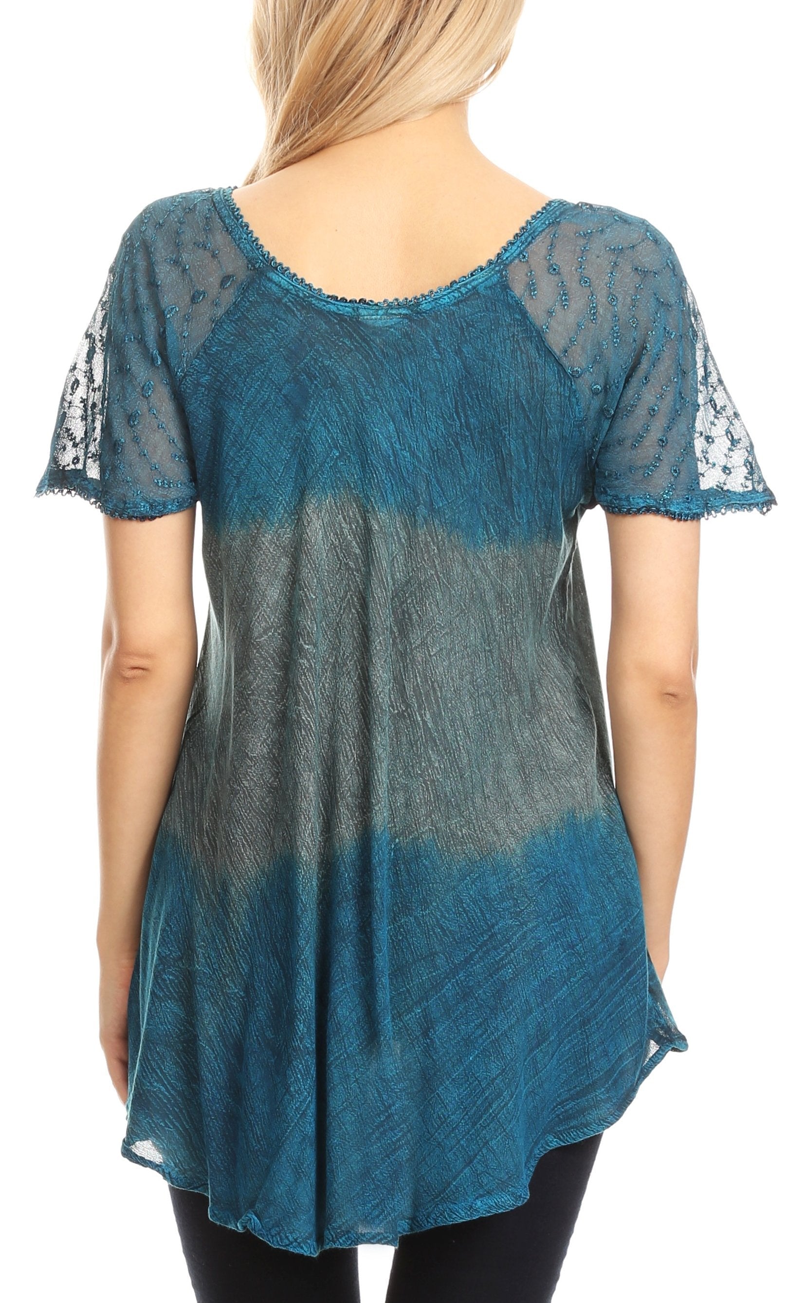 Sakkas - Lily Casual Short Sleeve Top Blouse with Block Print and Lace