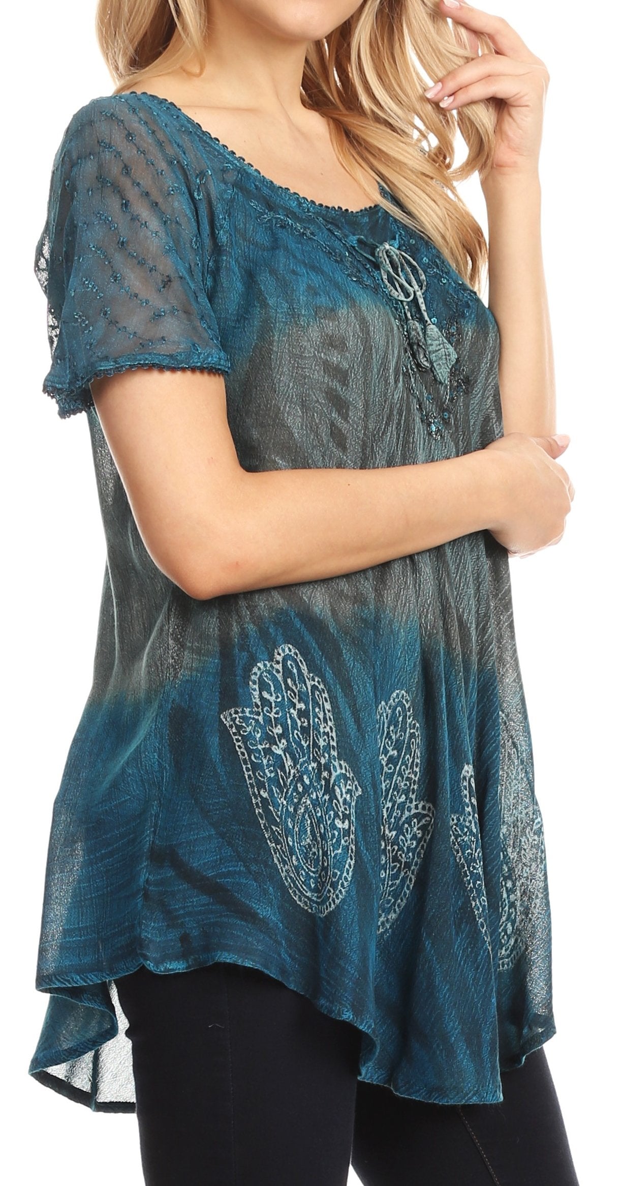Sakkas - Lily Casual Short Sleeve Top Blouse with Block Print and Lace
