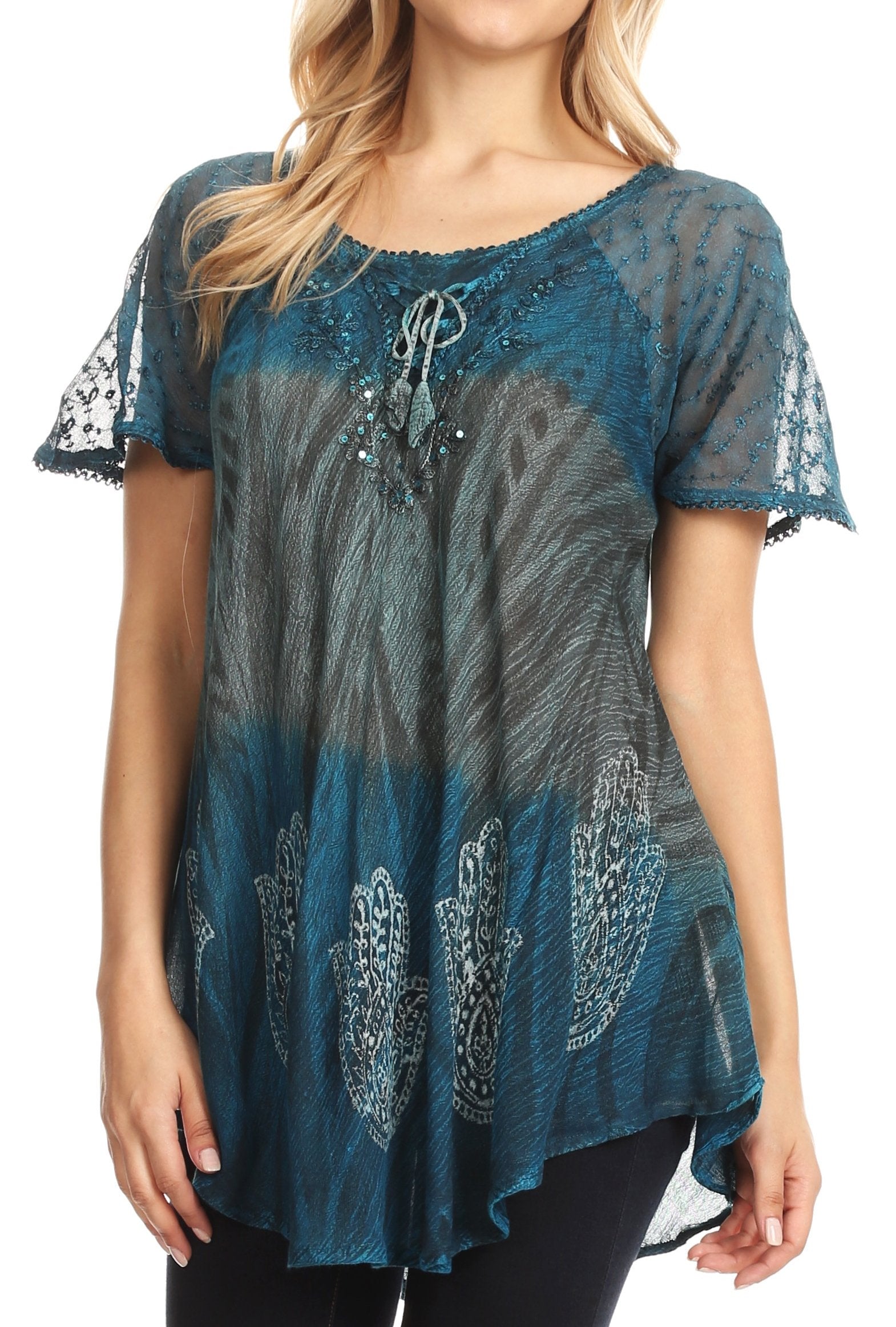 Sakkas - Lily Casual Short Sleeve Top Blouse with Block Print and Lace