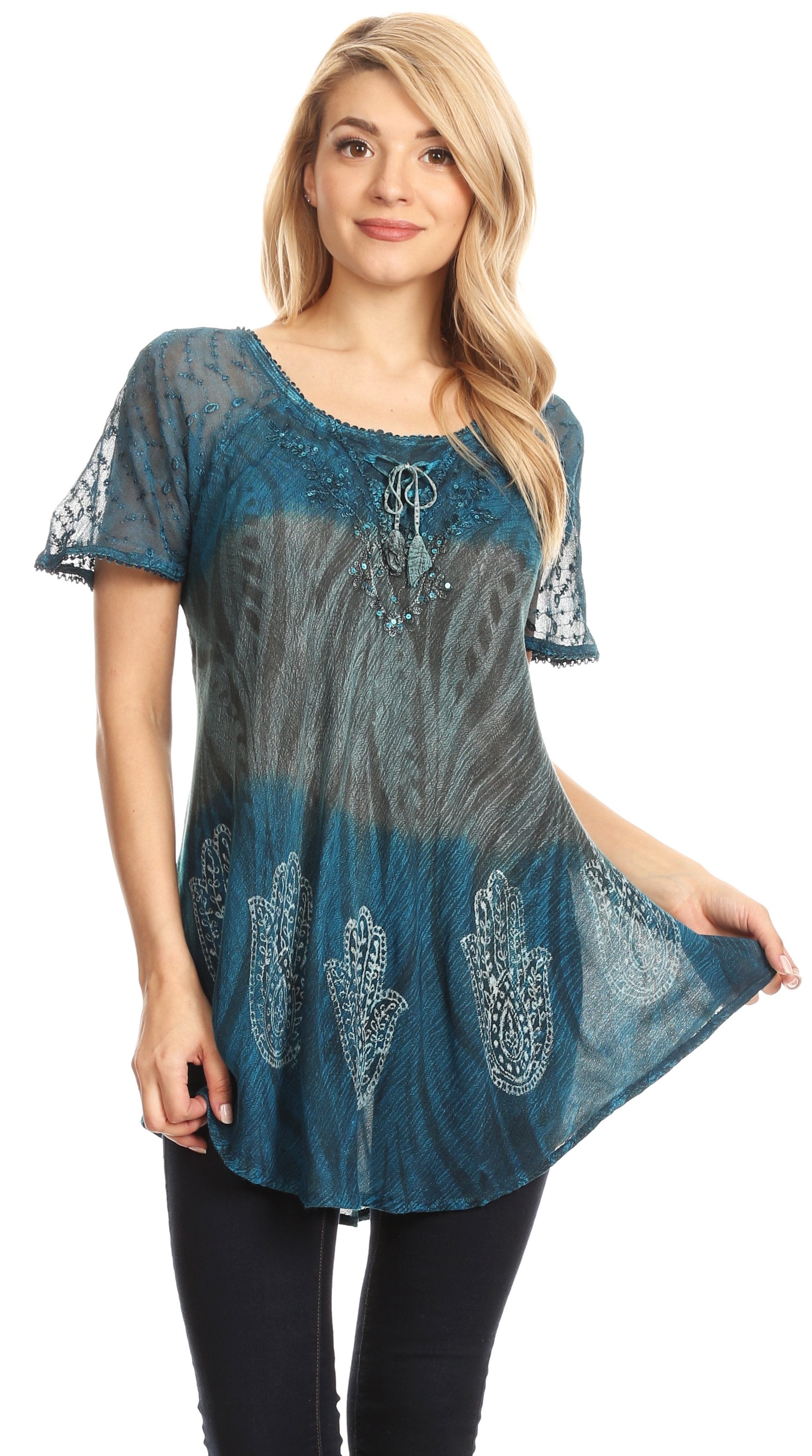 Sakkas - Lily Casual Short Sleeve Top Blouse with Block Print and Lace
