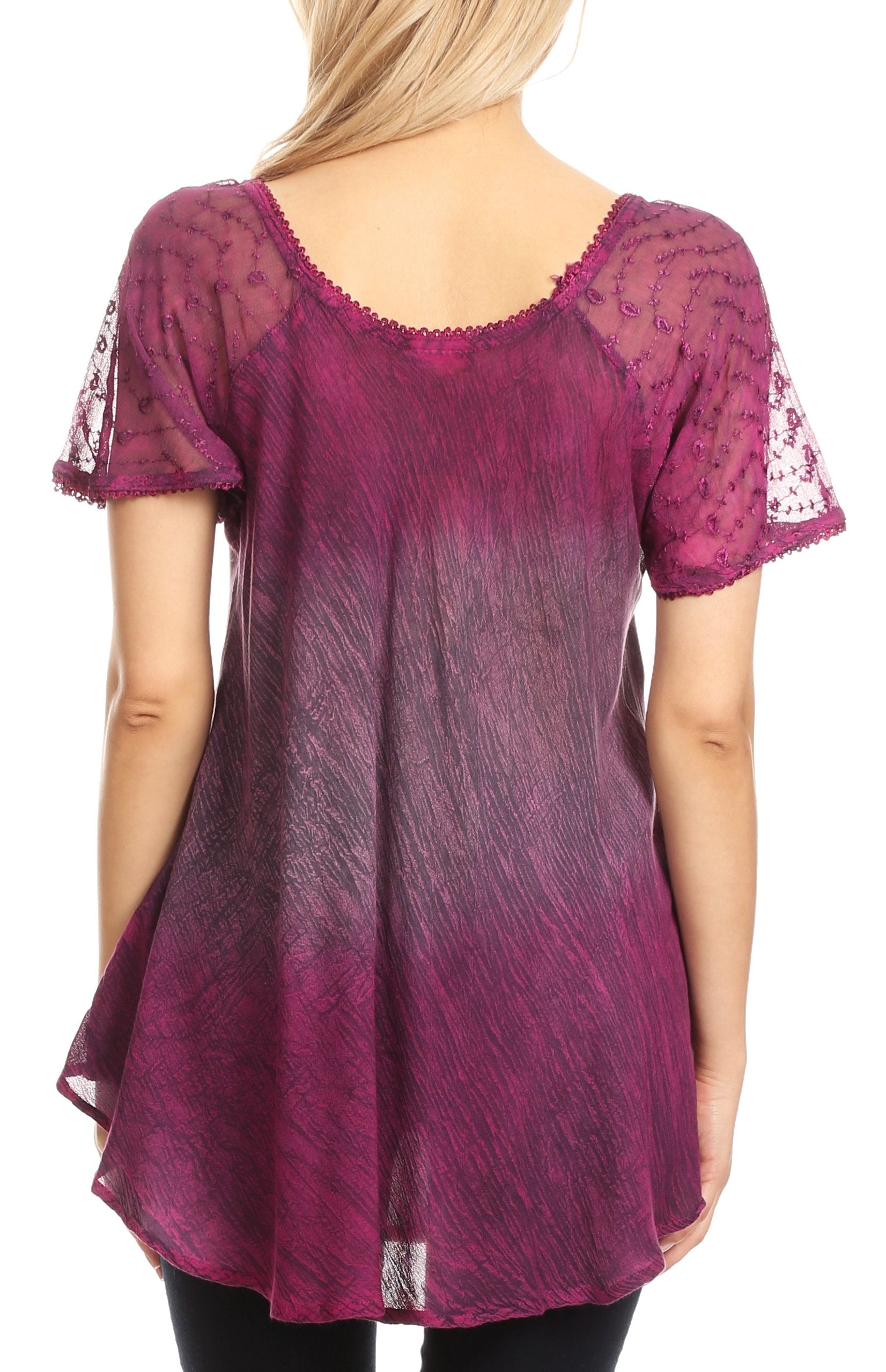 Sakkas - Lily Casual Short Sleeve Top Blouse with Block Print and Lace