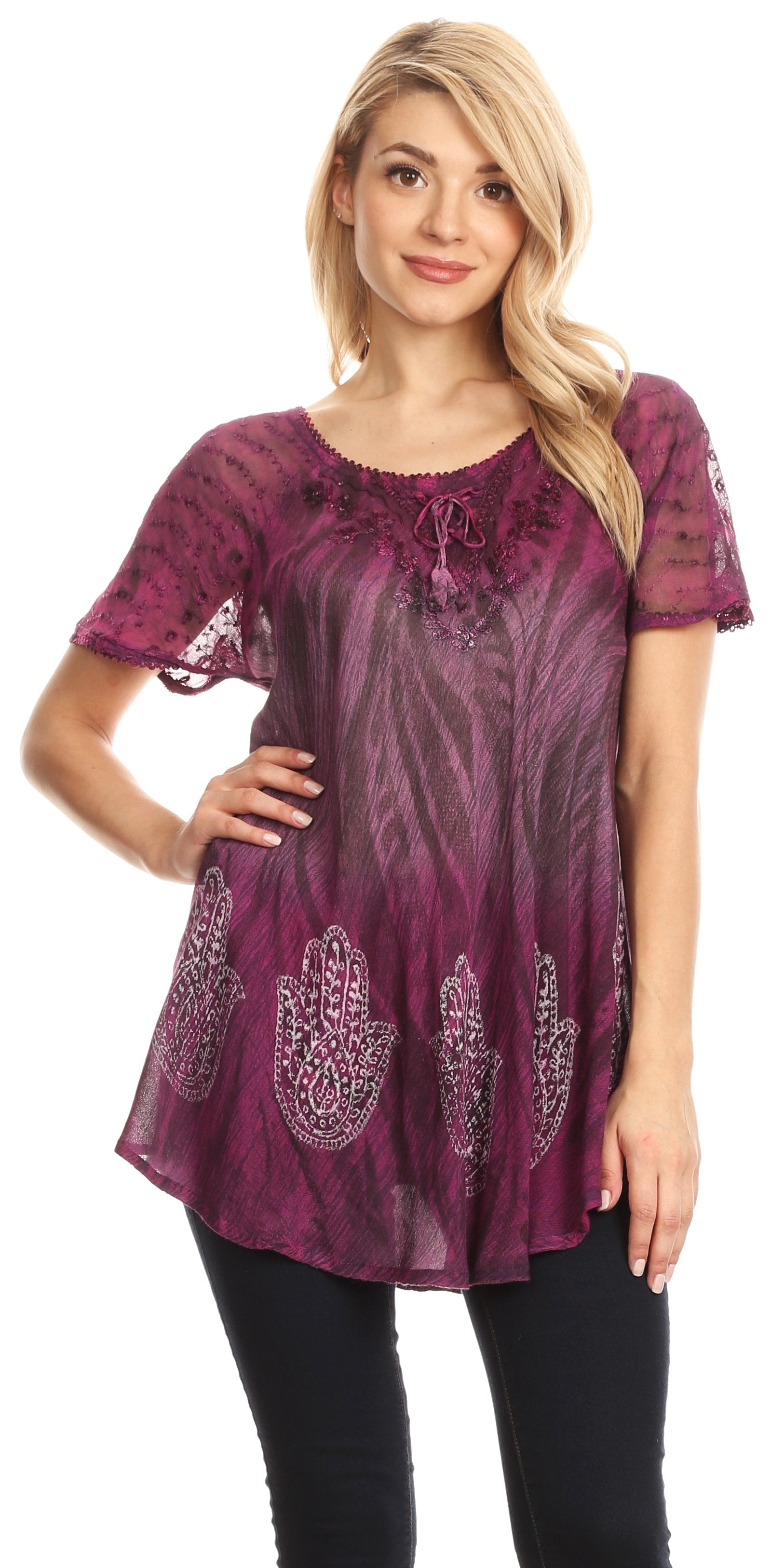 Sakkas - Lily Casual Short Sleeve Top Blouse with Block Print and Lace