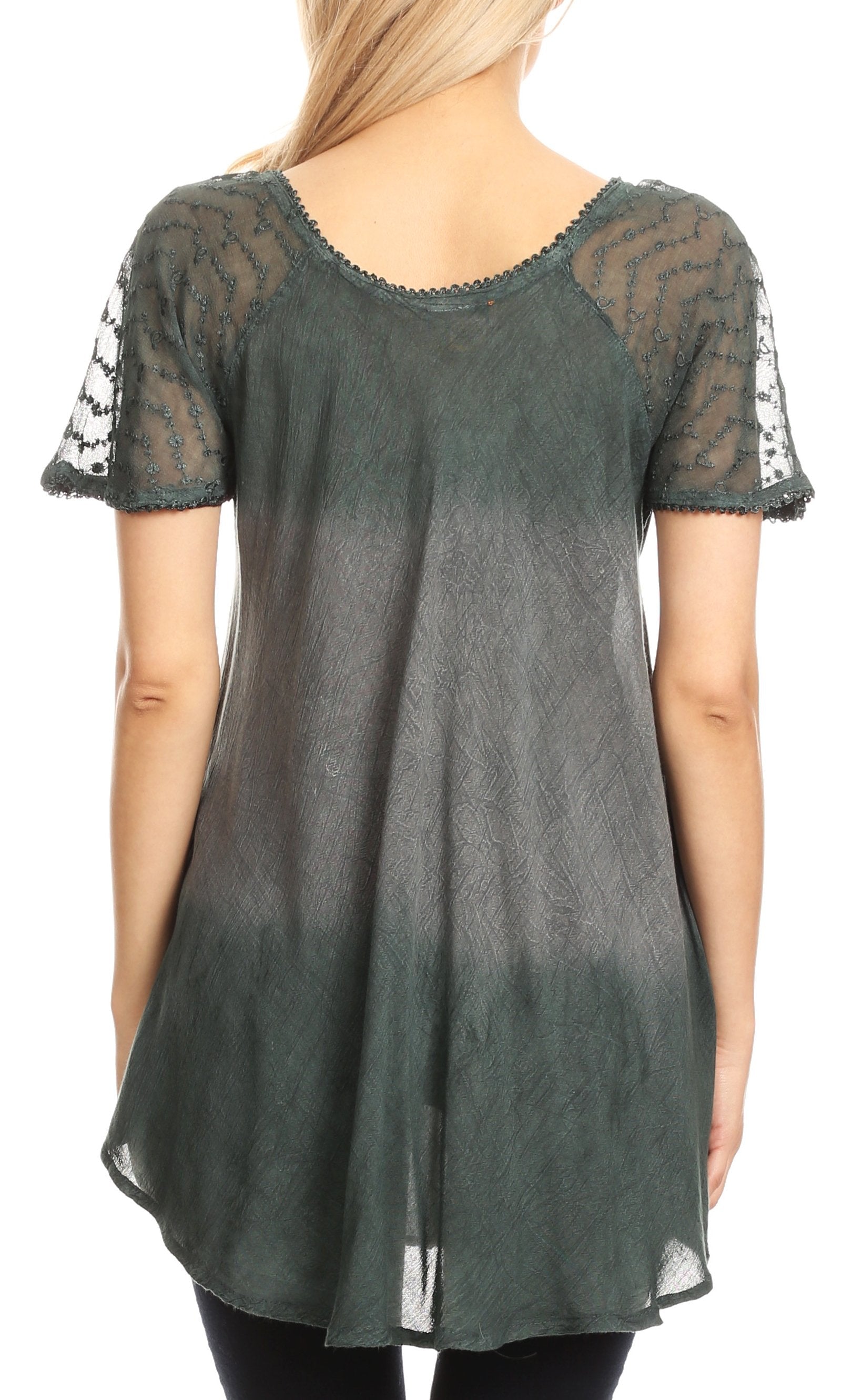 Sakkas - Lily Casual Short Sleeve Top Blouse with Block Print and Lace