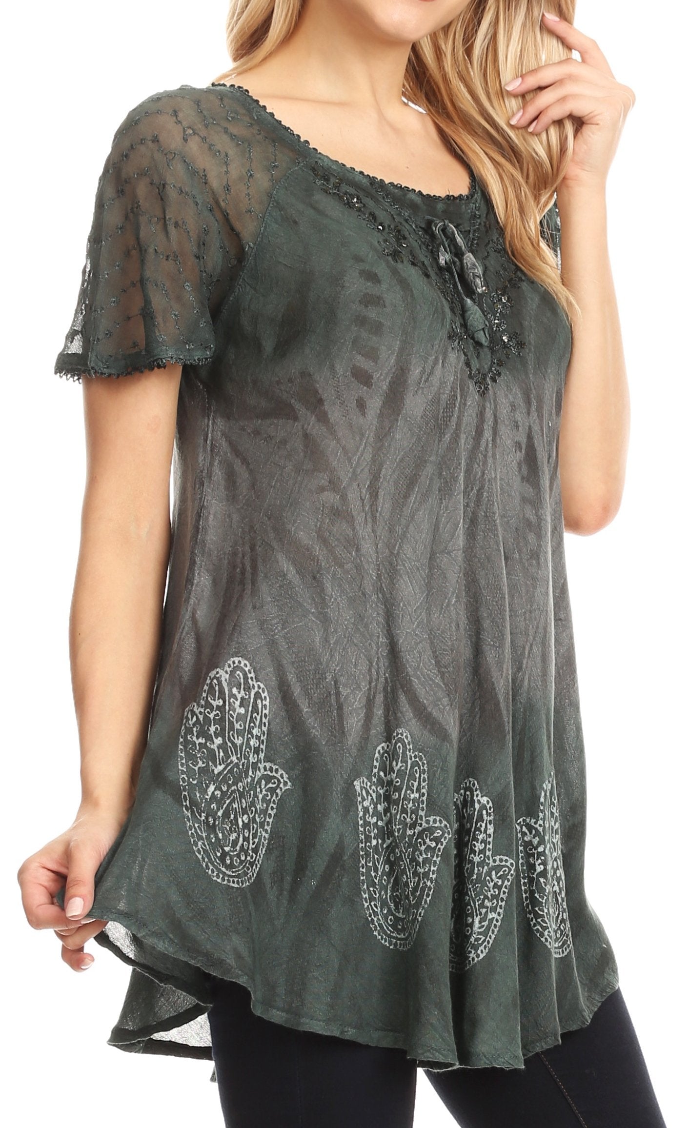 Sakkas - Lily Casual Short Sleeve Top Blouse with Block Print and Lace