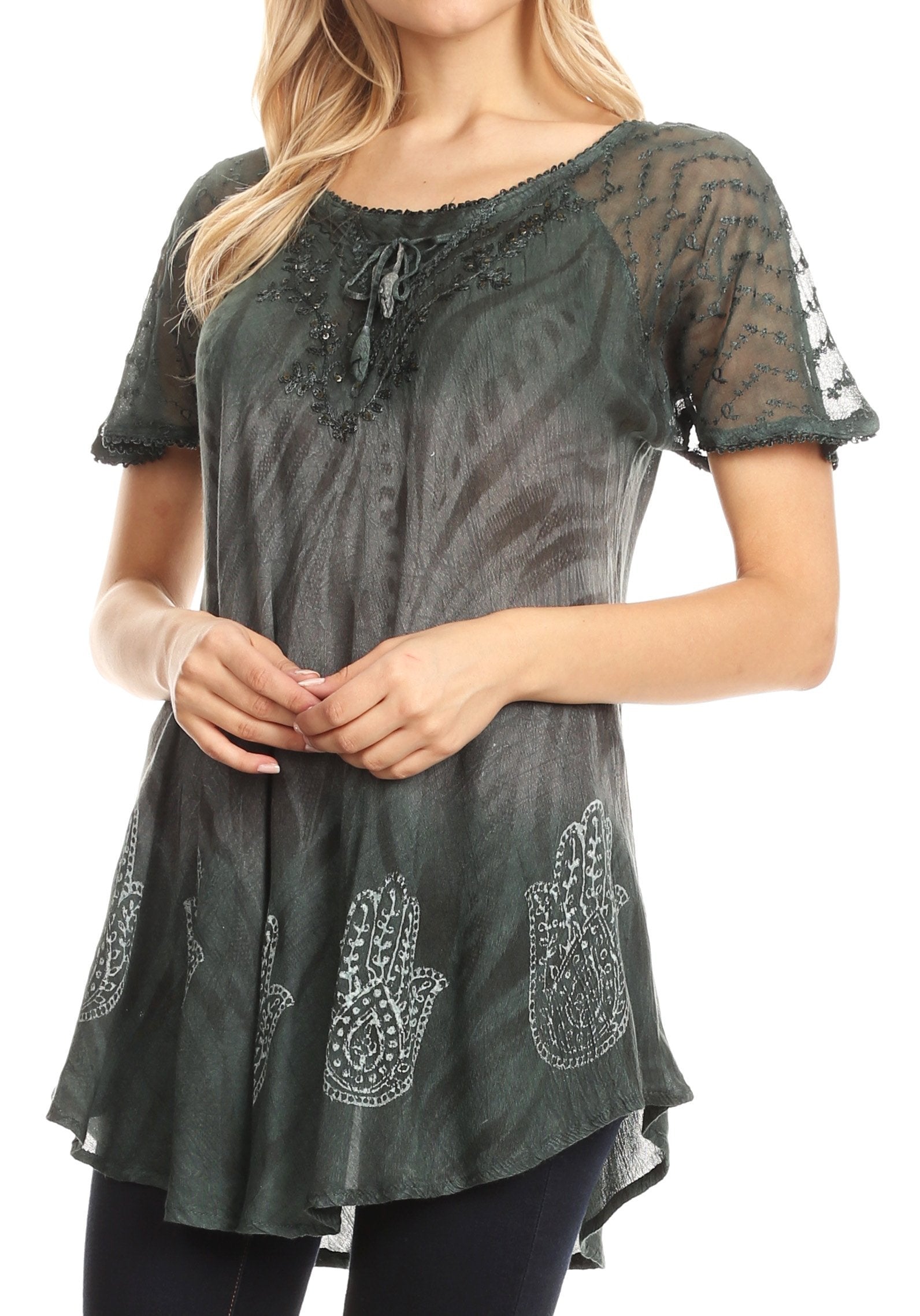 Sakkas - Lily Casual Short Sleeve Top Blouse with Block Print and Lace