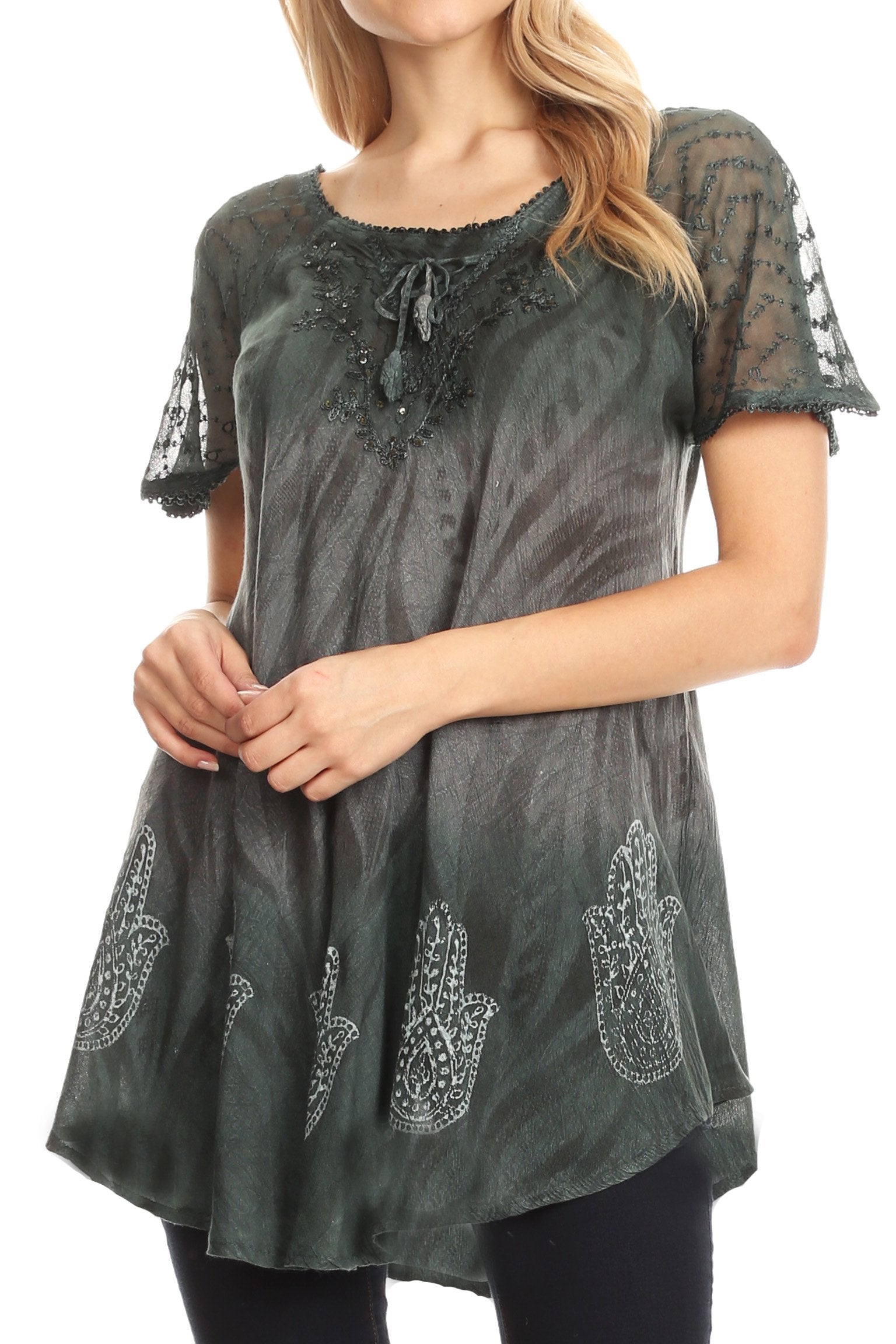 Sakkas - Lily Casual Short Sleeve Top Blouse with Block Print and Lace