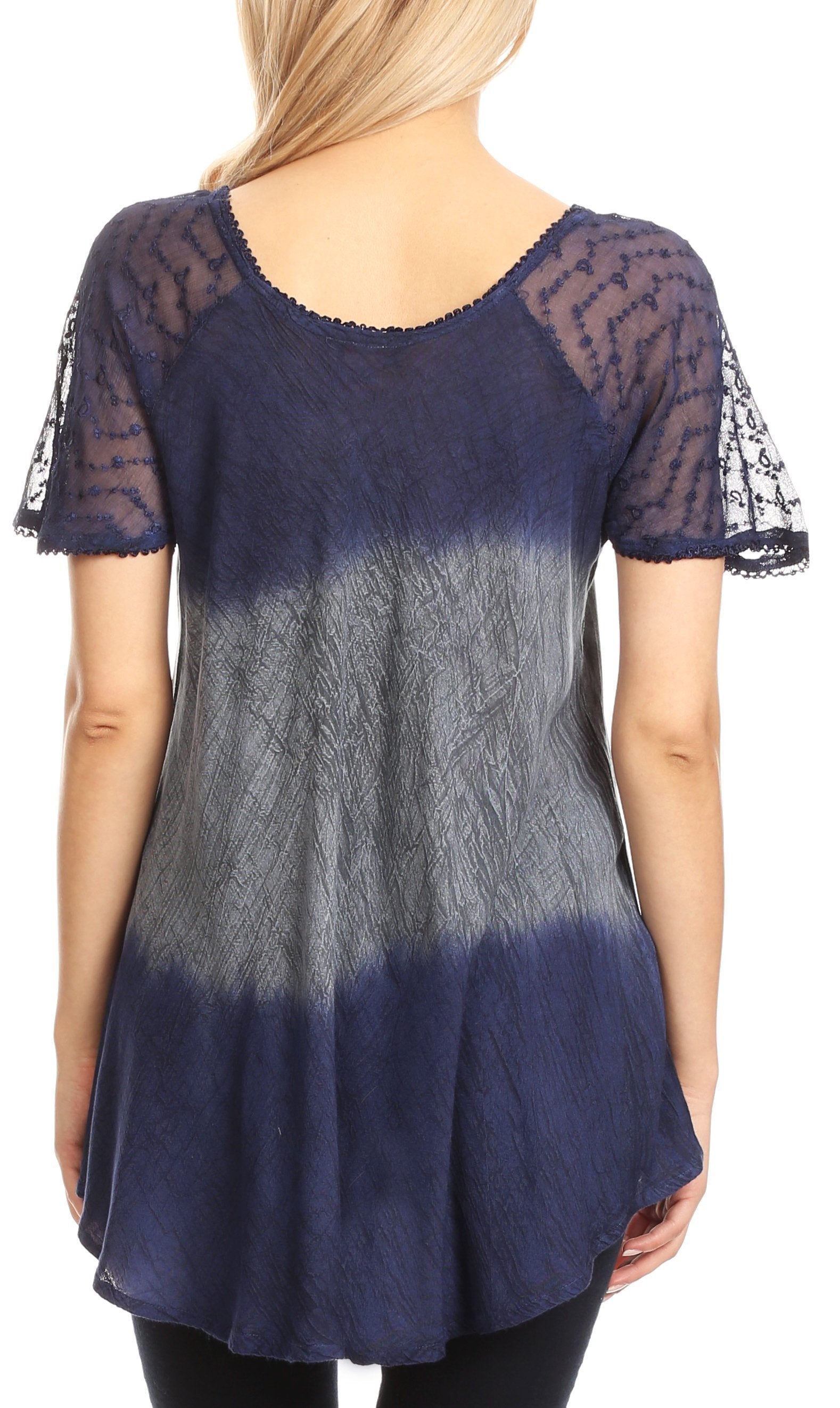 Sakkas - Lily Casual Short Sleeve Top Blouse with Block Print and Lace