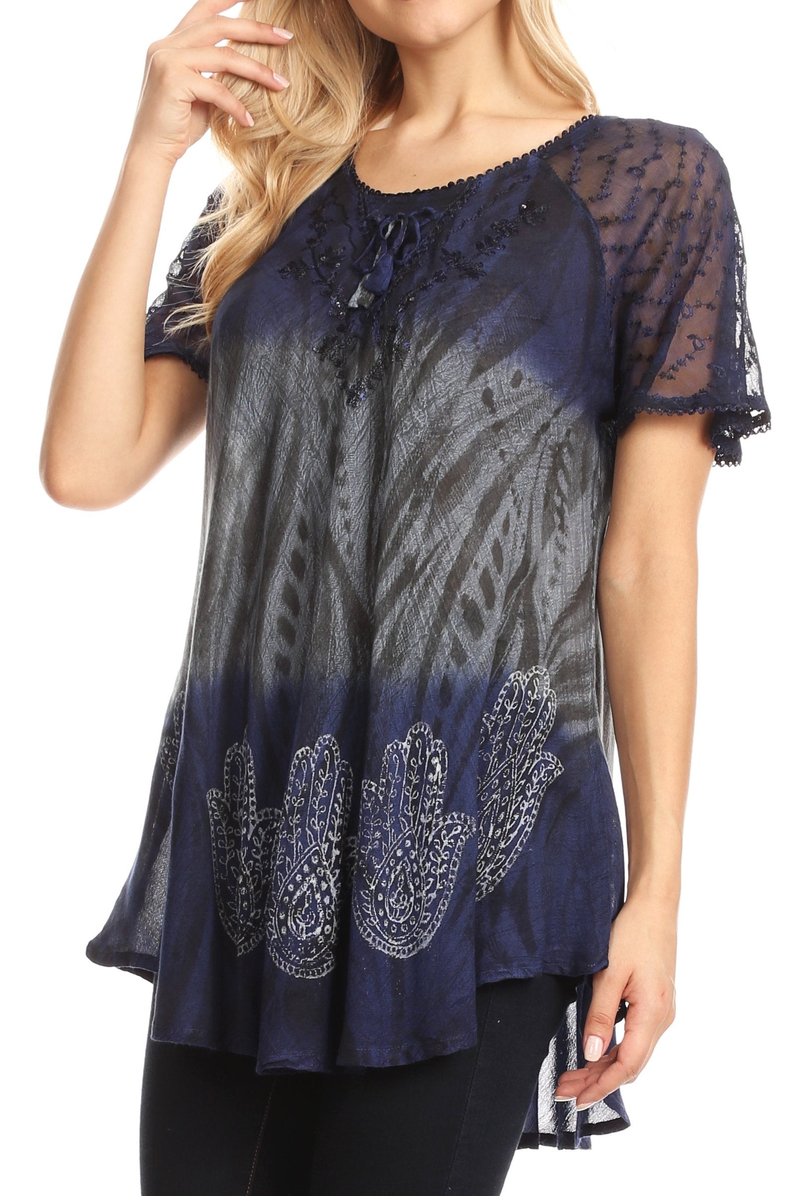 Sakkas - Lily Casual Short Sleeve Top Blouse with Block Print and Lace