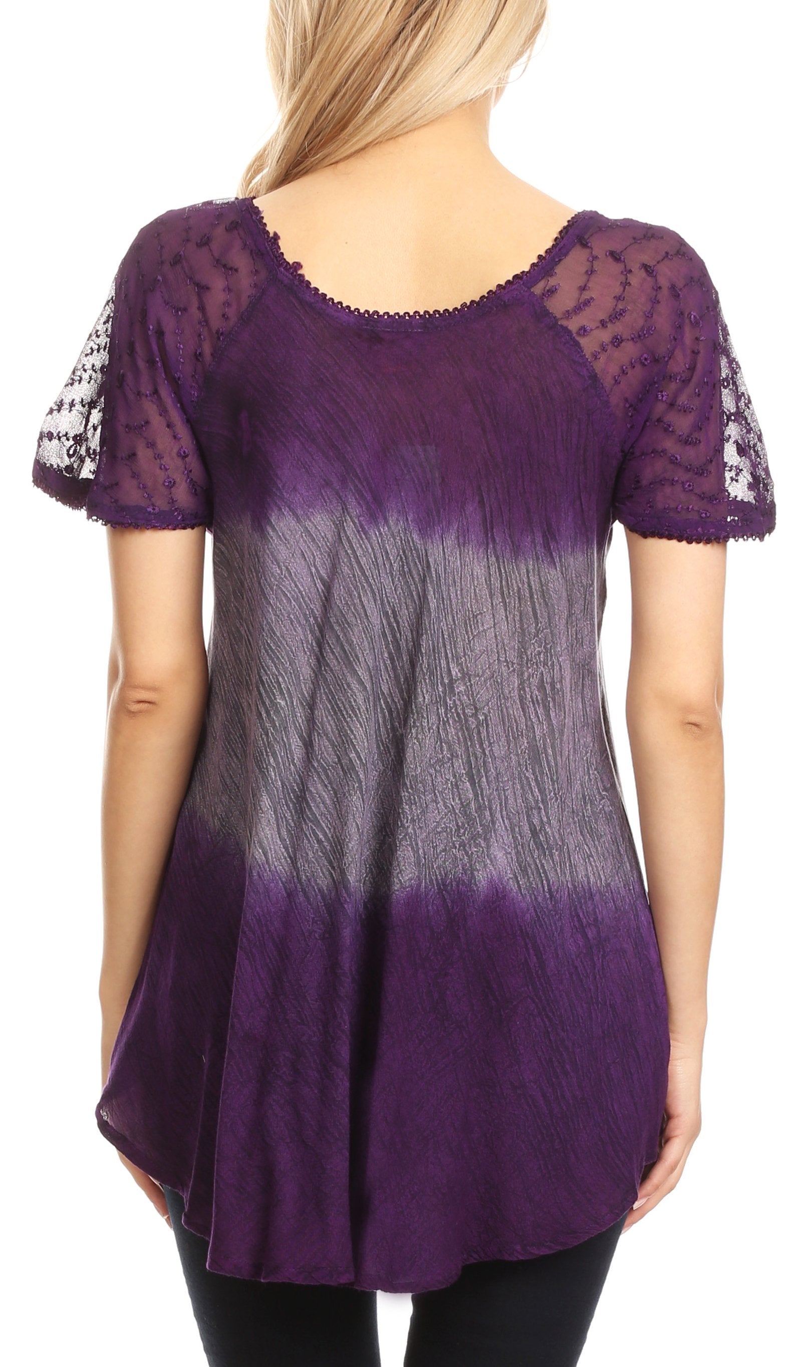 Sakkas - Lily Casual Short Sleeve Top Blouse with Block Print and Lace