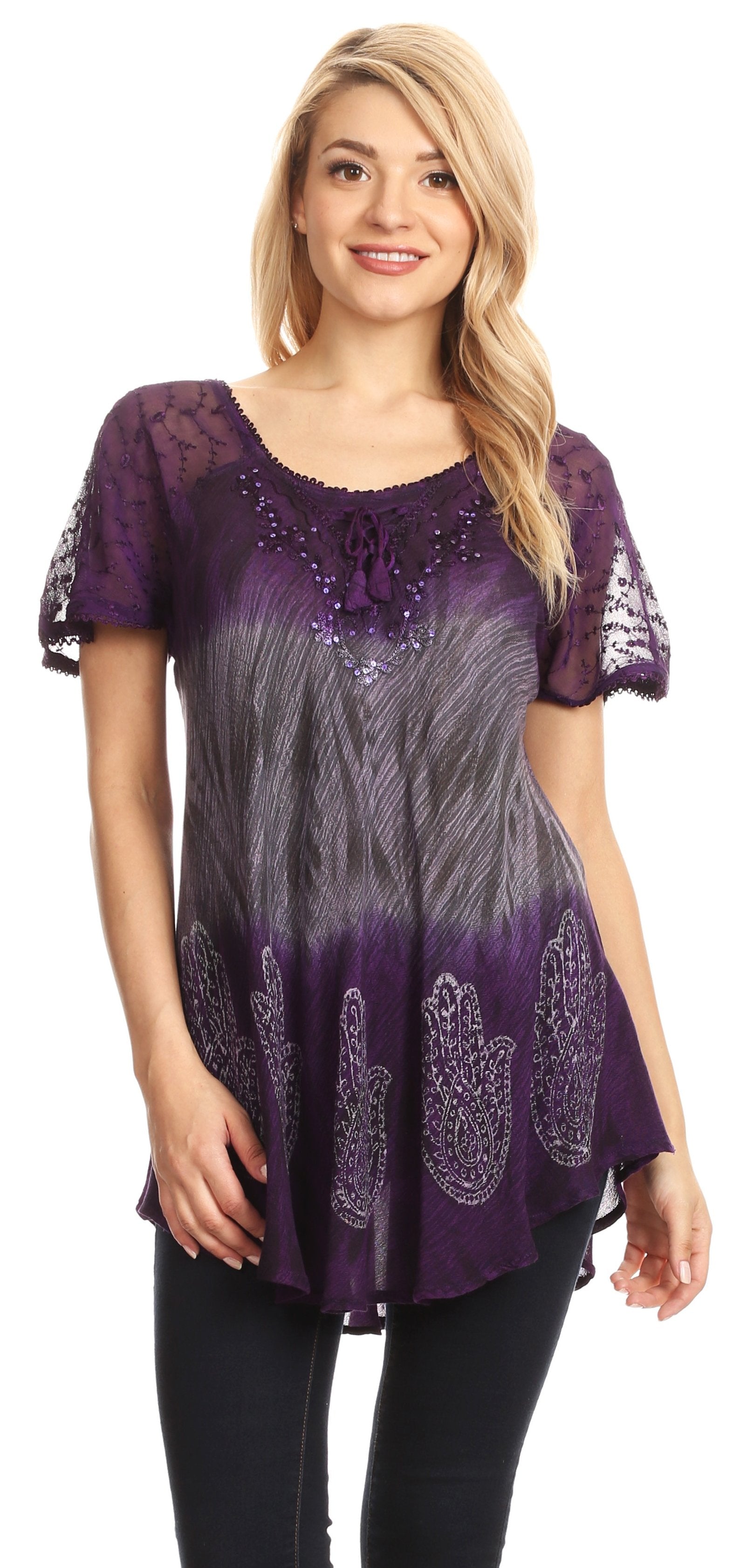 Sakkas - Lily Casual Short Sleeve Top Blouse with Block Print and Lace