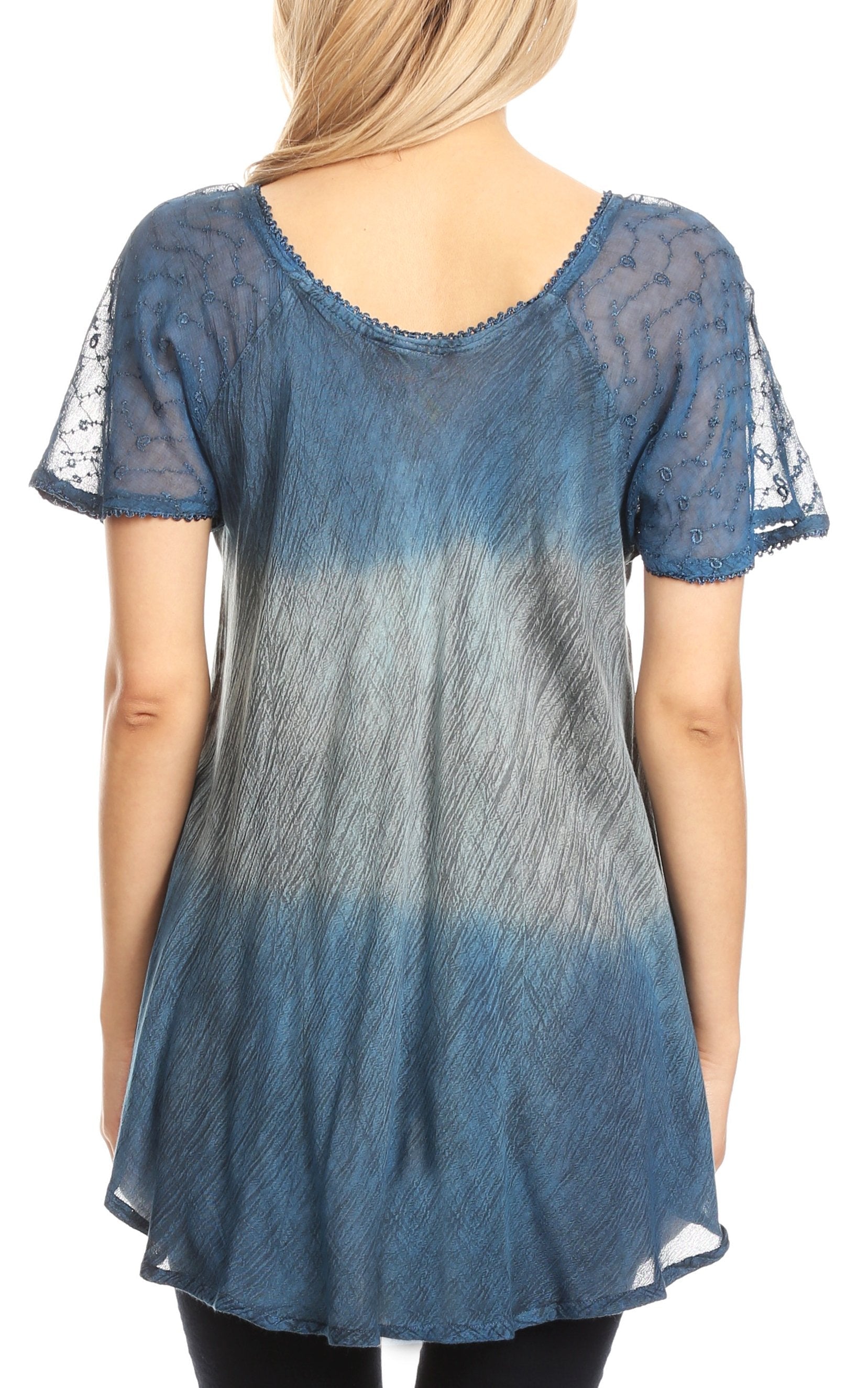 Sakkas - Lily Casual Short Sleeve Top Blouse with Block Print and Lace