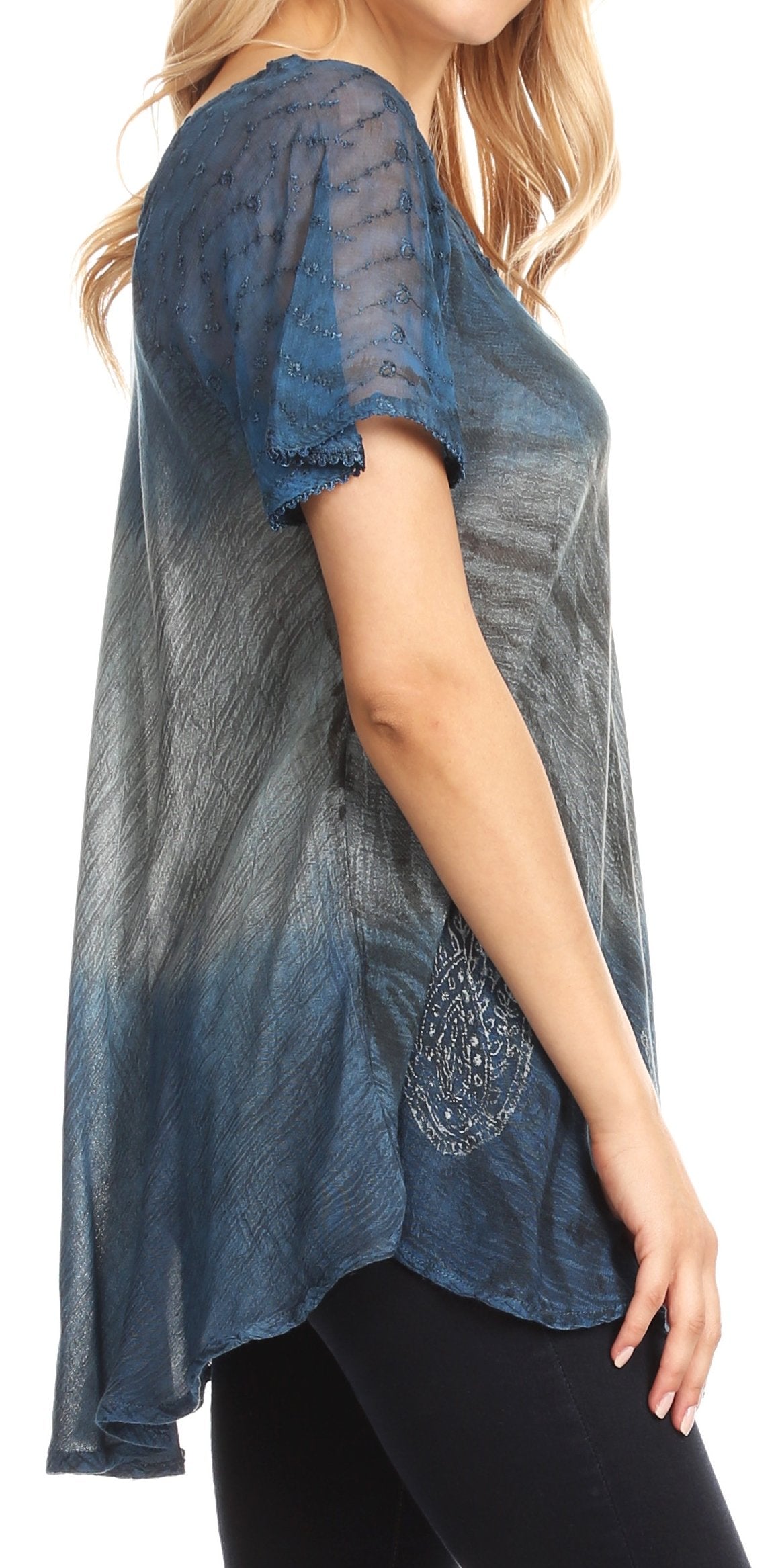 Sakkas - Lily Casual Short Sleeve Top Blouse with Block Print and Lace