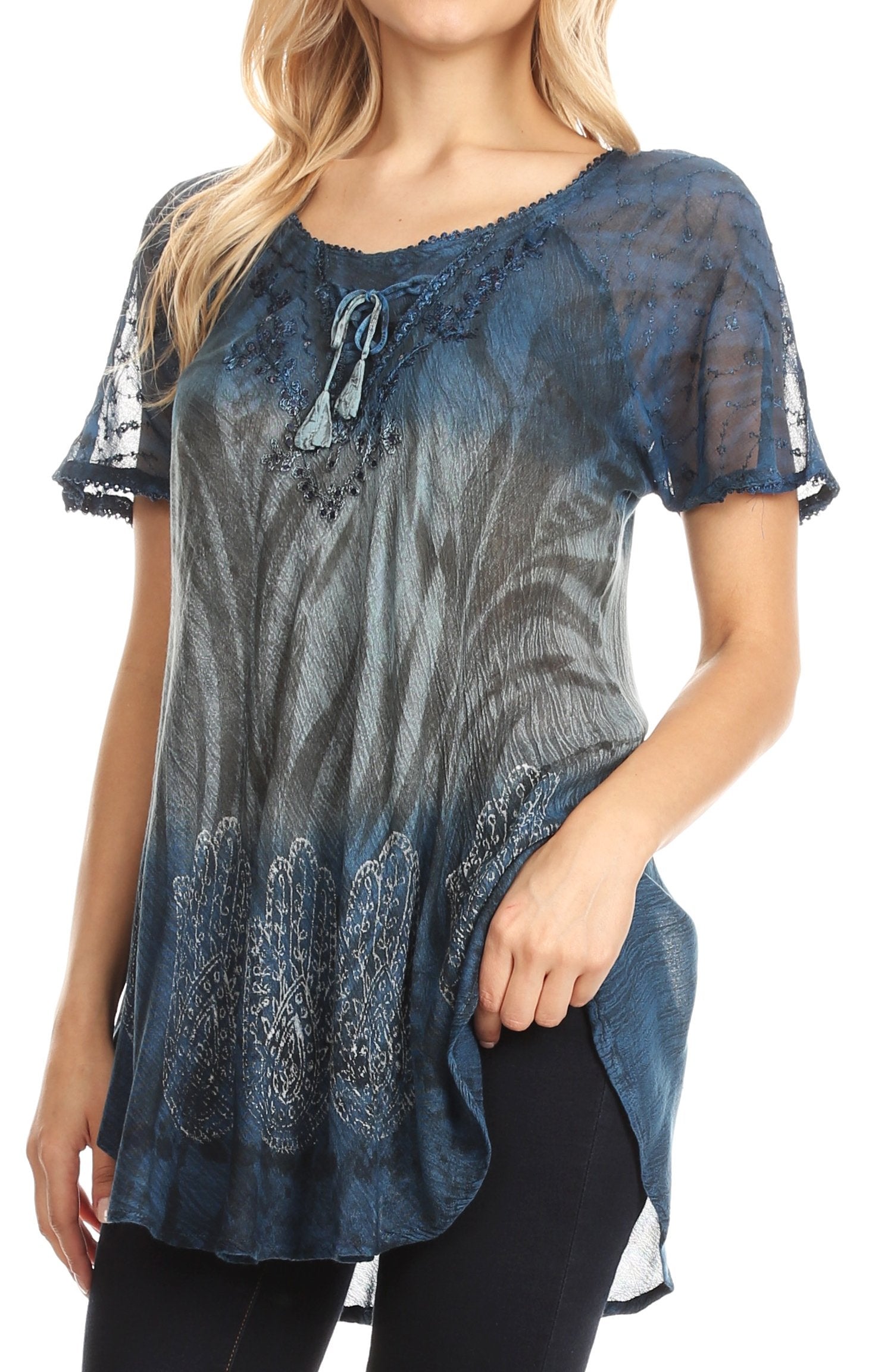Sakkas - Lily Casual Short Sleeve Top Blouse with Block Print and Lace