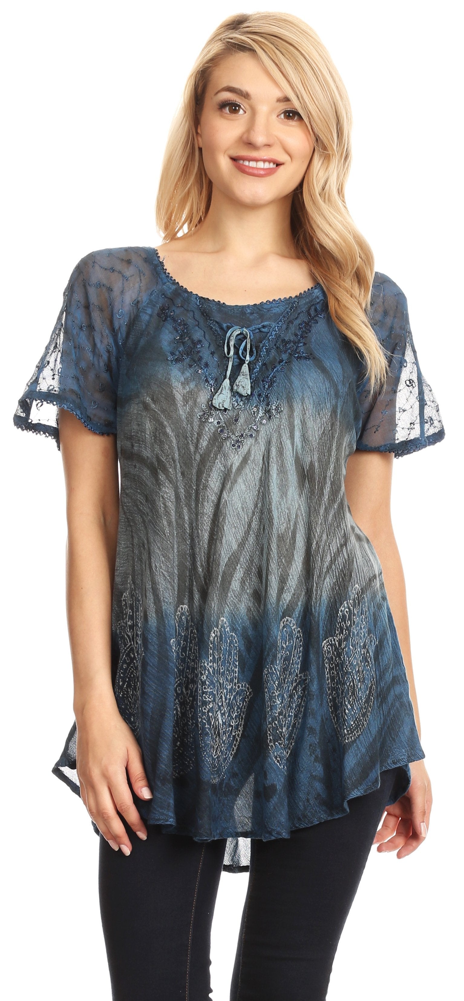 Sakkas - Lily Casual Short Sleeve Top Blouse with Block Print and Lace