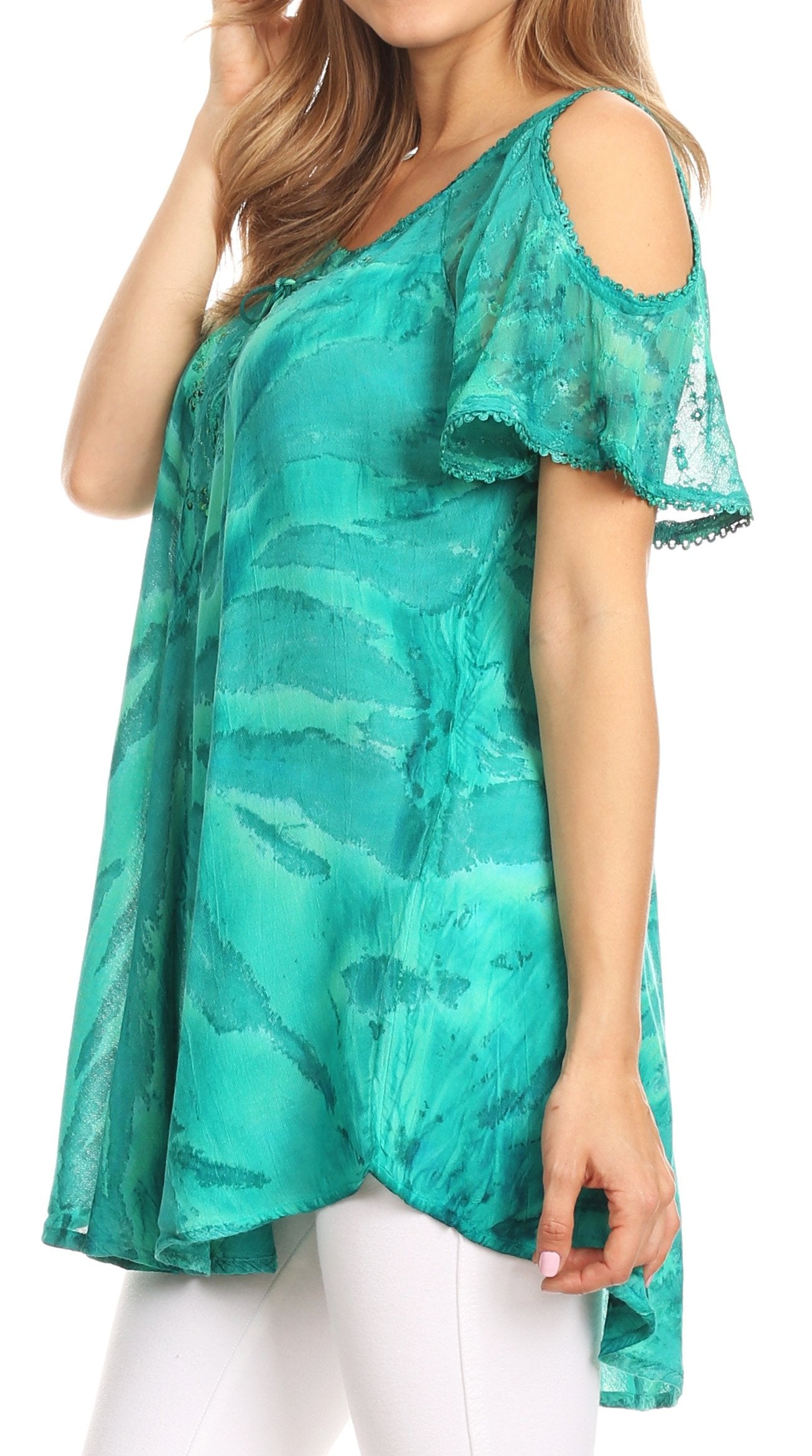 Sakkas - Filipa Cold Shoulder Top Blouse Tie-dye with Corset and Embroidery