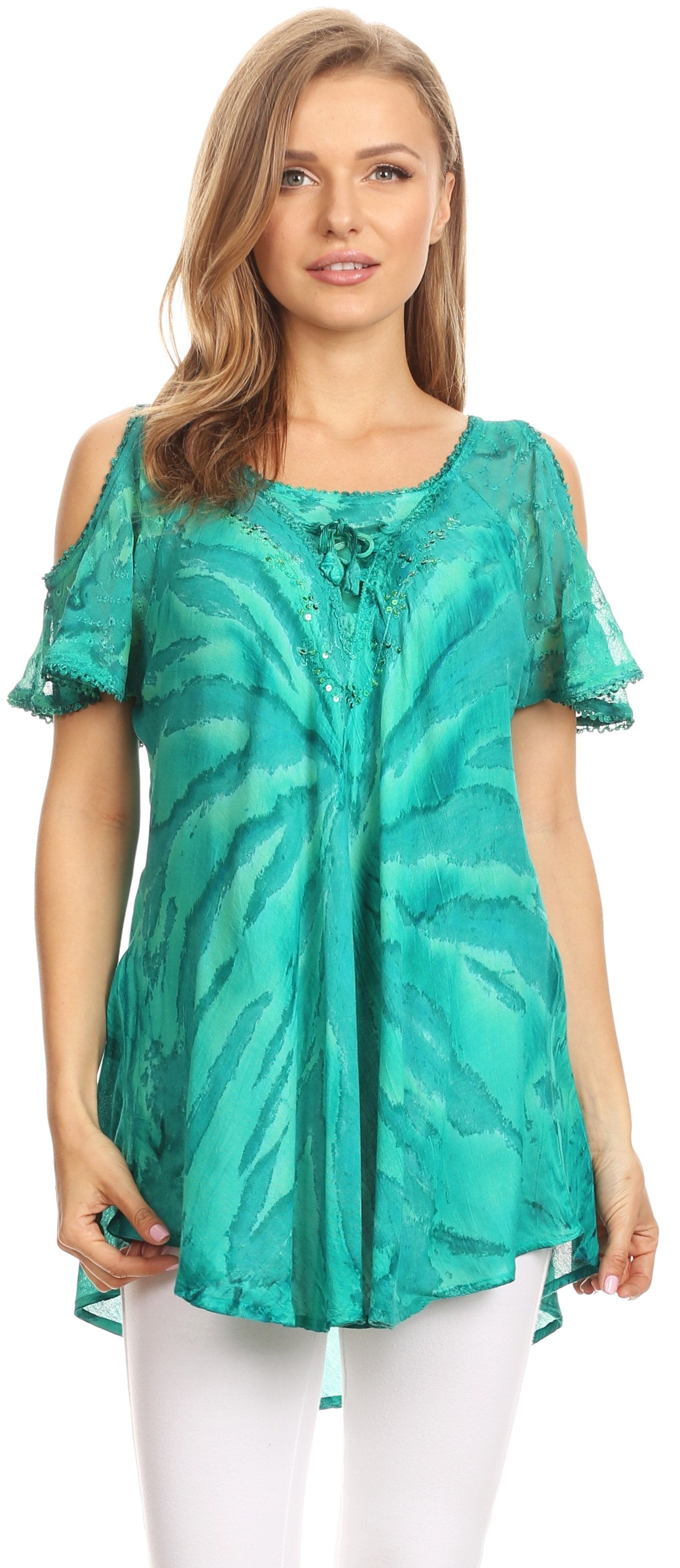 Sakkas - Filipa Cold Shoulder Top Blouse Tie-dye with Corset and Embroidery