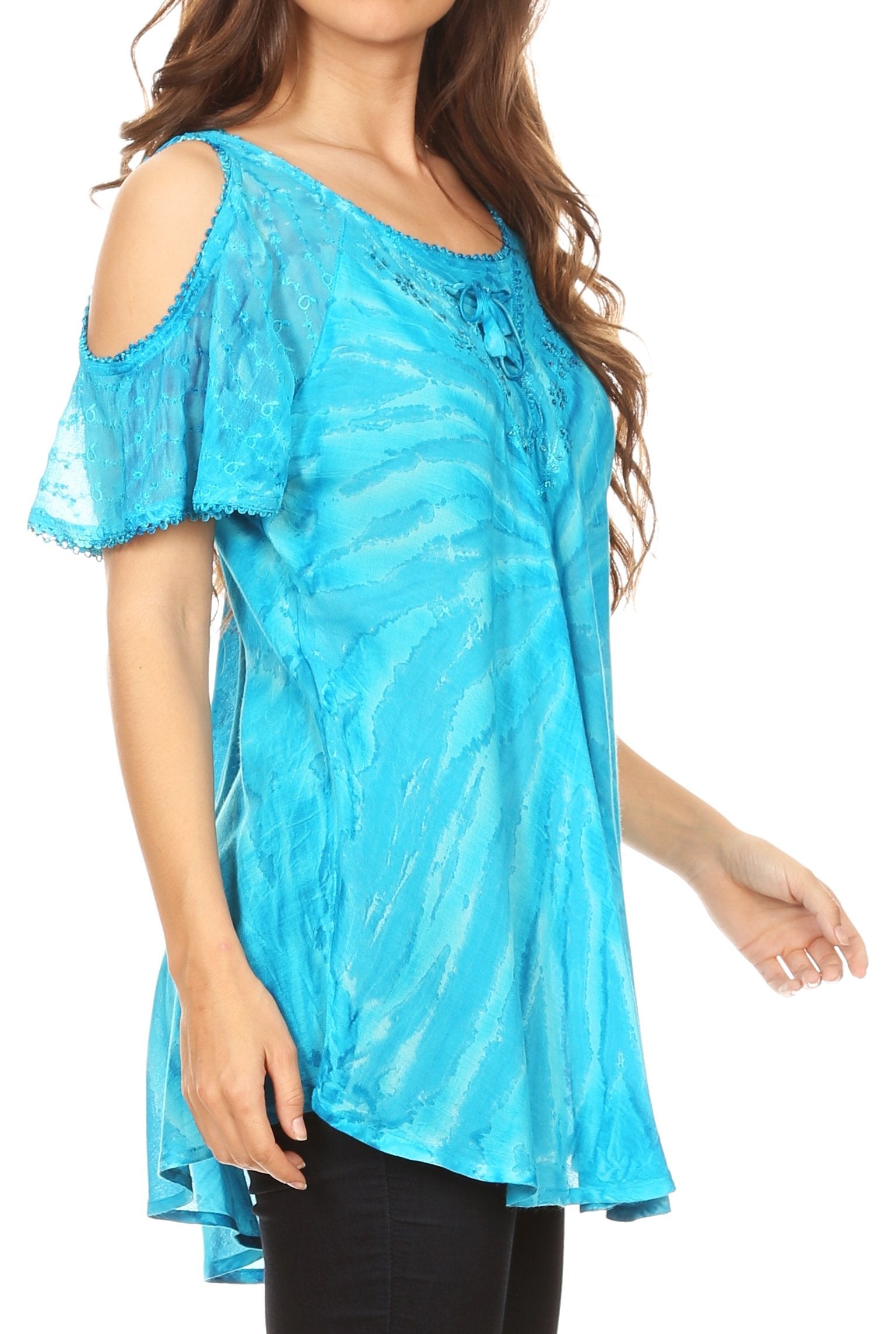 Sakkas - Filipa Cold Shoulder Top Blouse Tie-dye with Corset and Embroidery