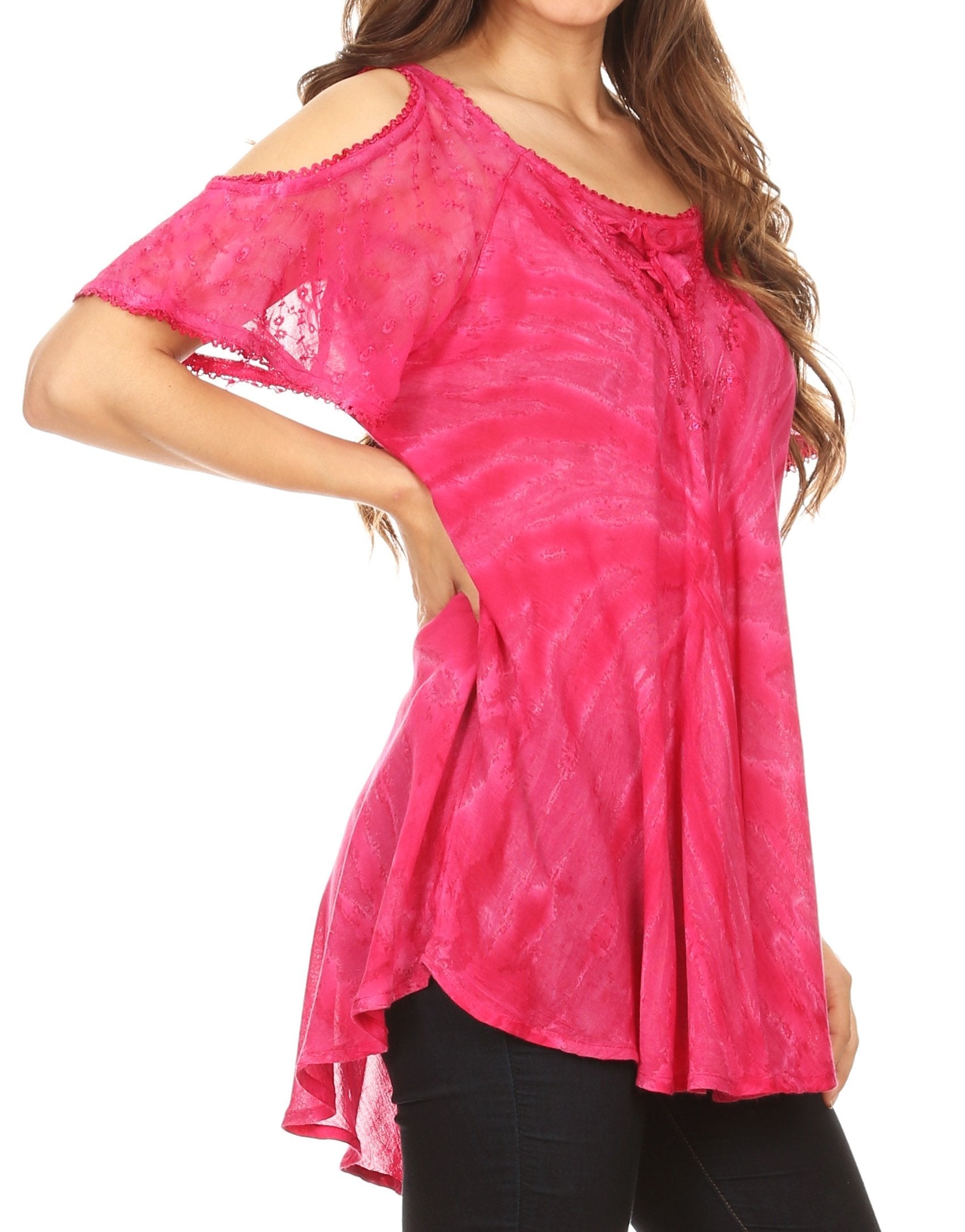 Sakkas - Filipa Cold Shoulder Top Blouse Tie-dye with Corset and Embroidery