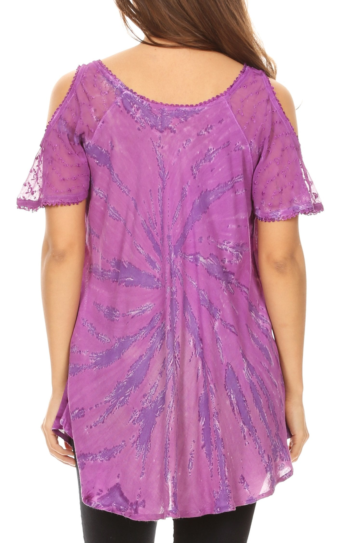 Sakkas - Filipa Cold Shoulder Top Blouse Tie-dye with Corset and Embroidery
