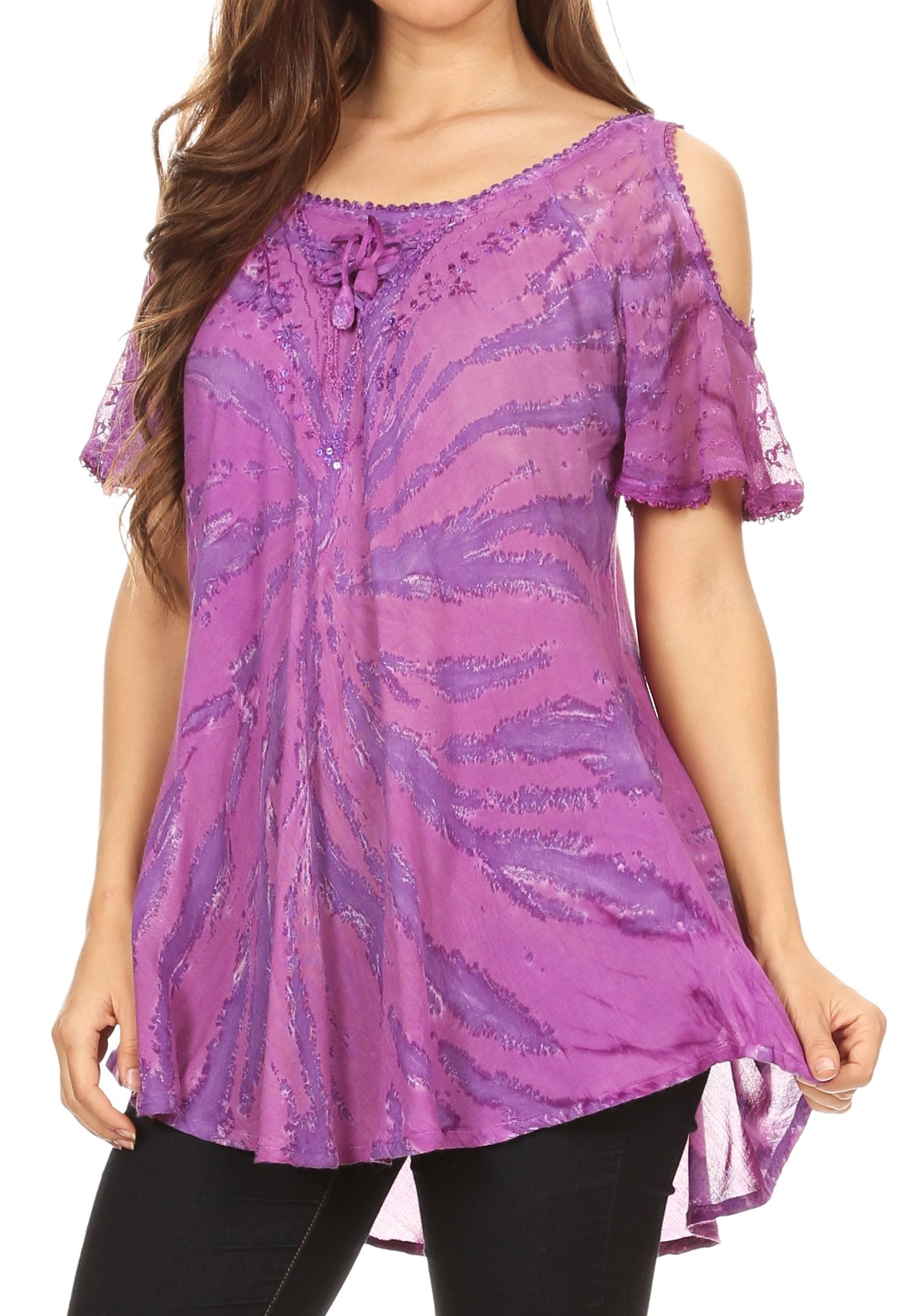 Sakkas - Filipa Cold Shoulder Top Blouse Tie-dye with Corset and Embroidery