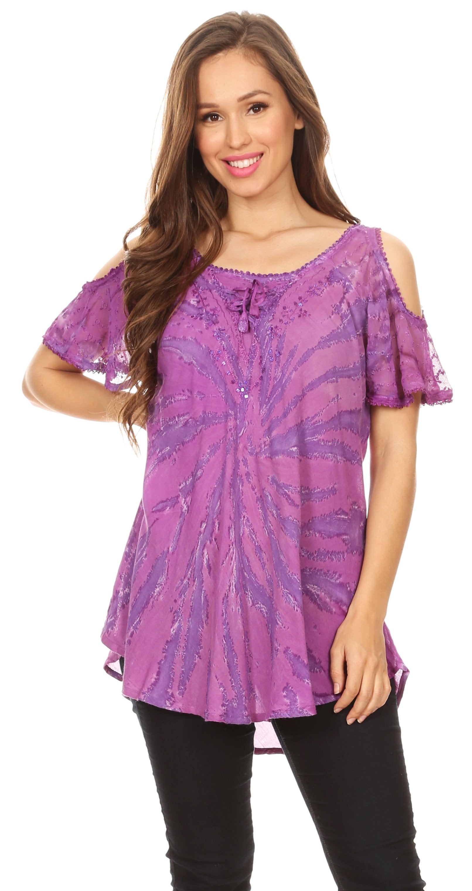 Sakkas - Filipa Cold Shoulder Top Blouse Tie-dye with Corset and Embroidery